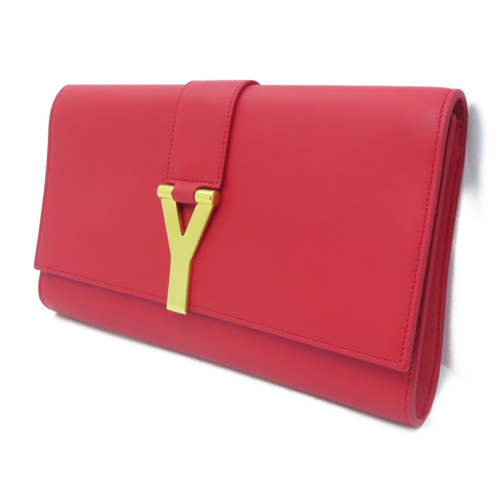 SAINT LAURENT [Sharp Discount] Leather Second Pouch Gold Buckle Clutch Red