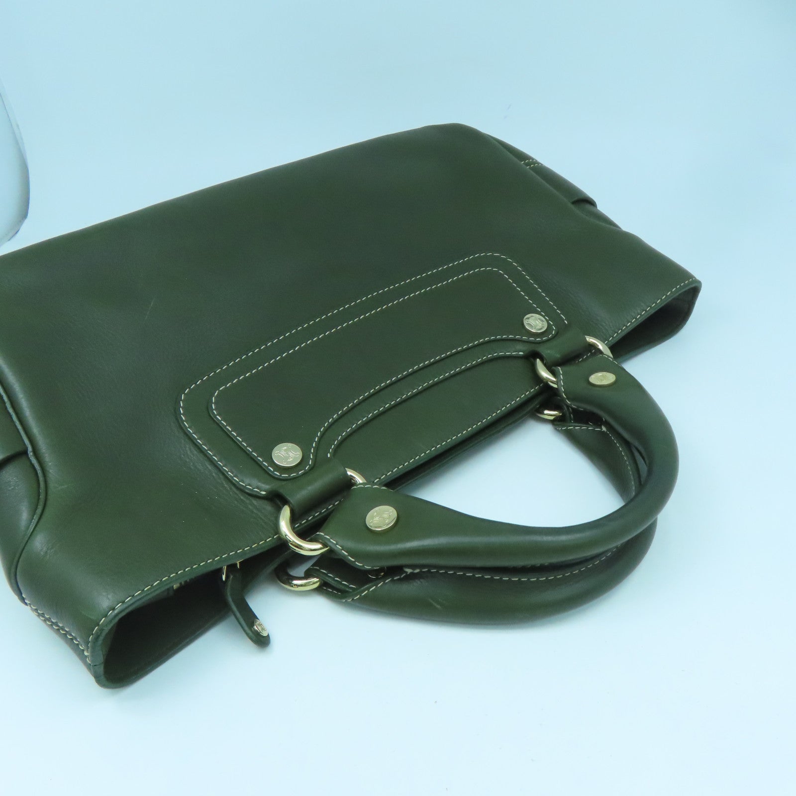 CELINE 牛皮皮革Tote Bag銀扣手挽袋綠色
