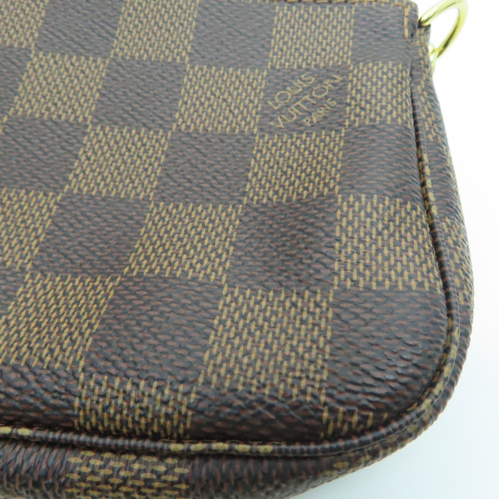 LOUIS VUITTON Damier Mini Pochette Pouch Gold Buckle Clutch Brown