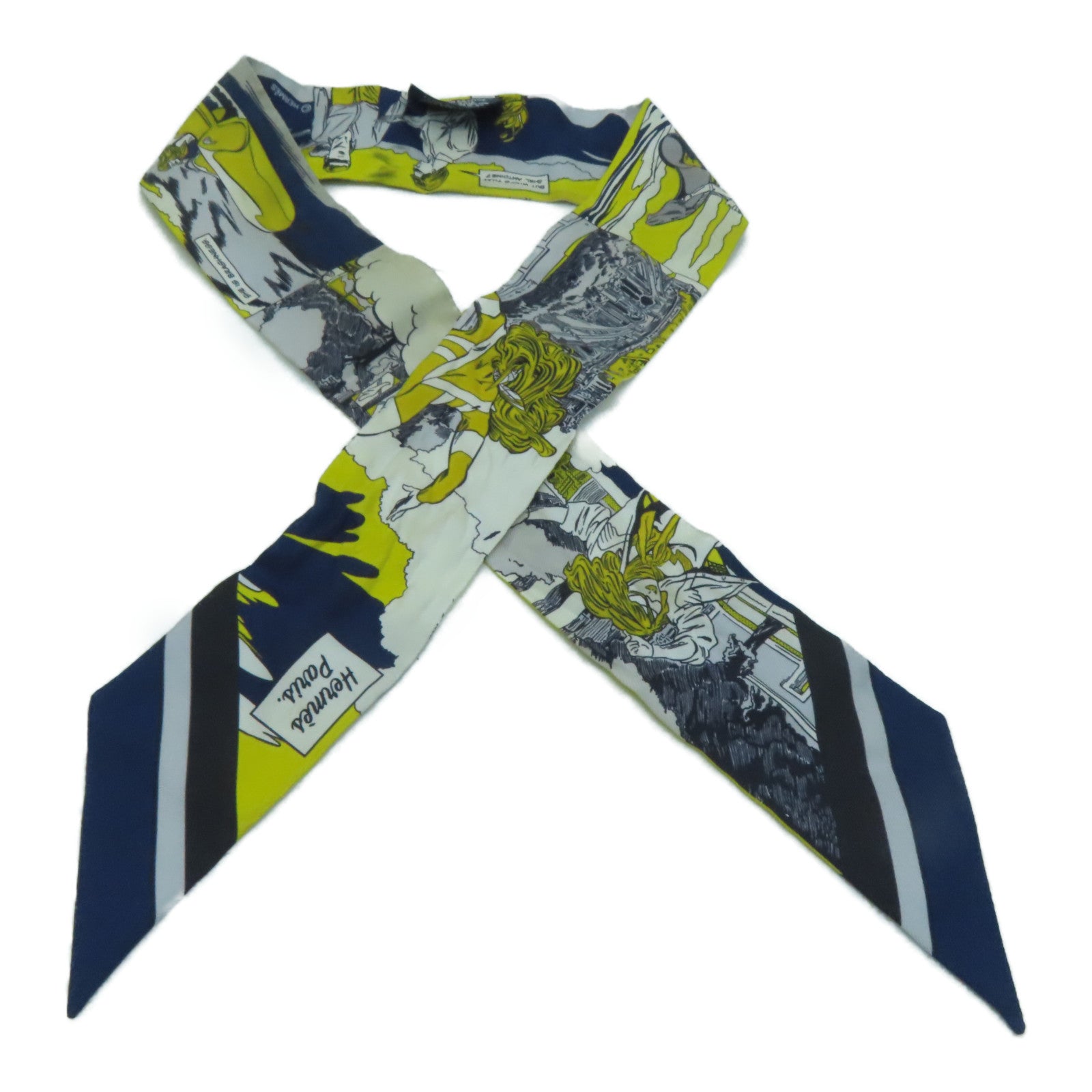 HERMES 絲質Twilly絲巾黃色/灰色