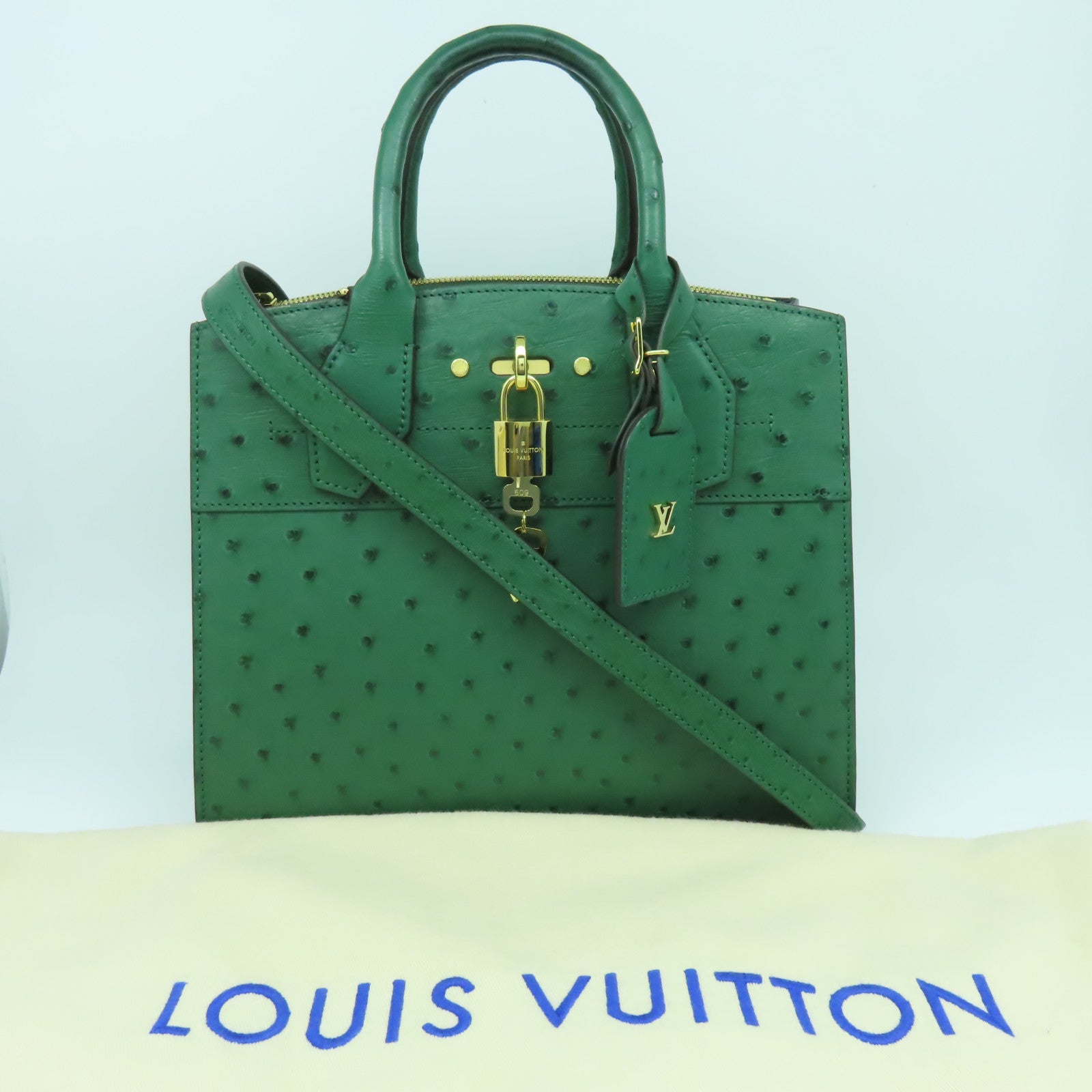 LOUIS VUITTON 鴕鳥皮革City Steamer MM金扣手挽肩背兩用袋綠色