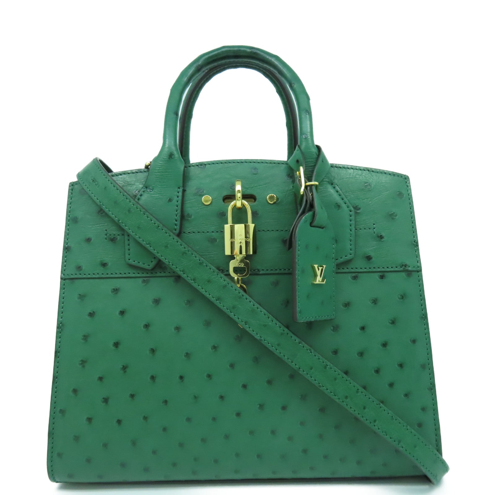 LOUIS VUITTON 鴕鳥皮革City Steamer MM金扣手挽肩背兩用袋綠色