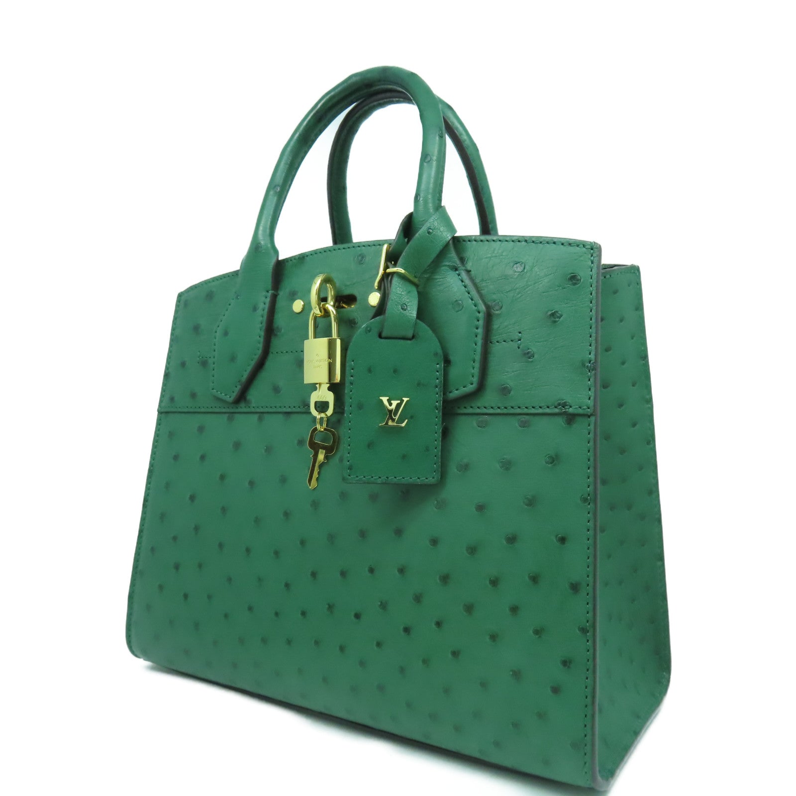 LOUIS VUITTON 鴕鳥皮革City Steamer MM金扣手挽肩背兩用袋綠色