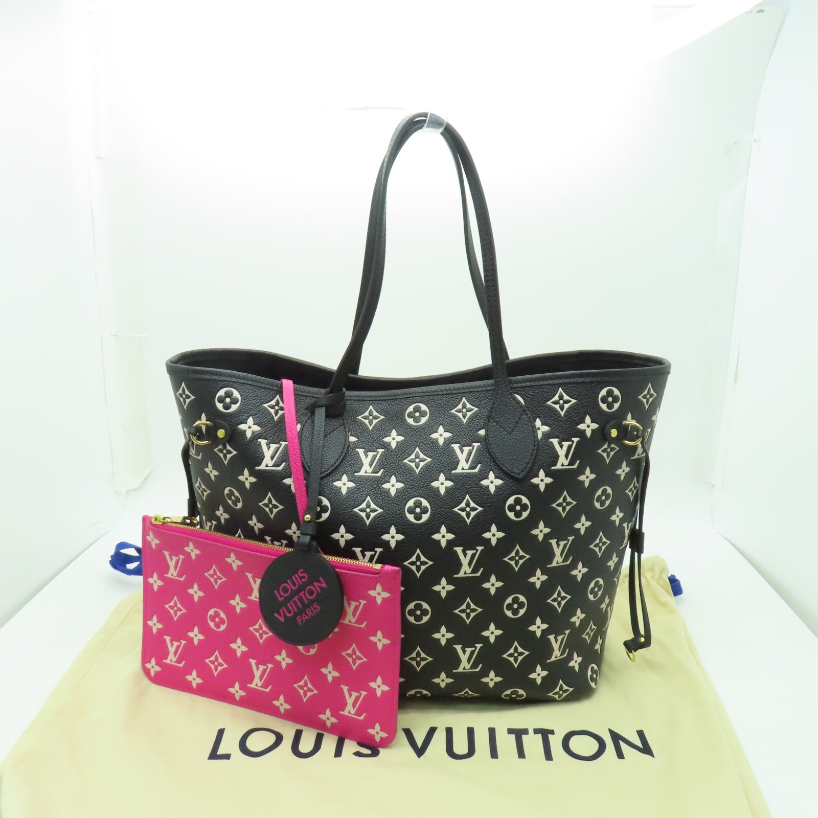 LOUIS VUITTON Monogram Empreinte Neverfull MM金扣手挽袋黒色/白色/粉紅色