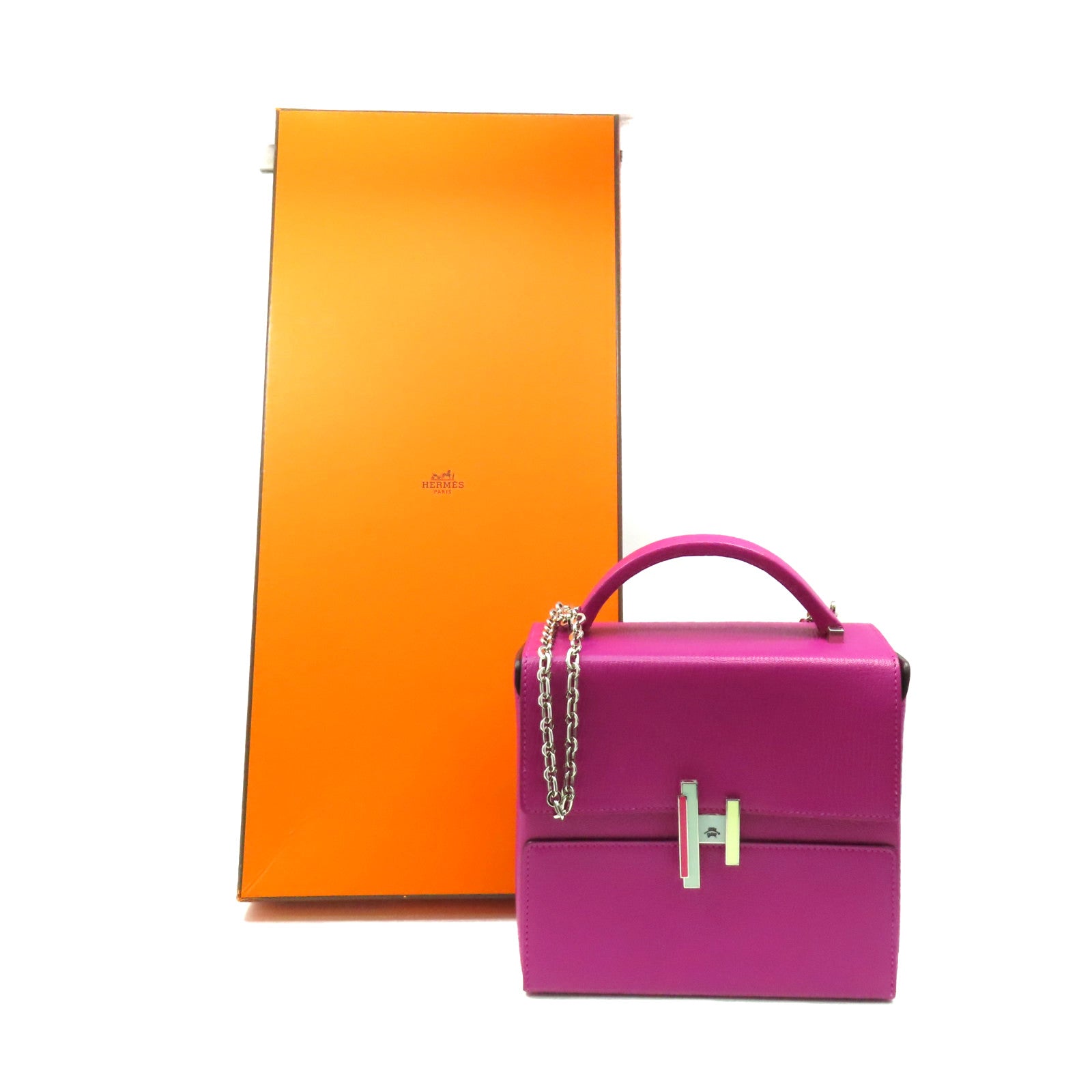 HERMES 【激減優惠】Chevre皮革Cinhetiz 2Way Shoulder Bag銀扣鏈帶手挽肩背兩用袋Rose Purple玫瑰紫色