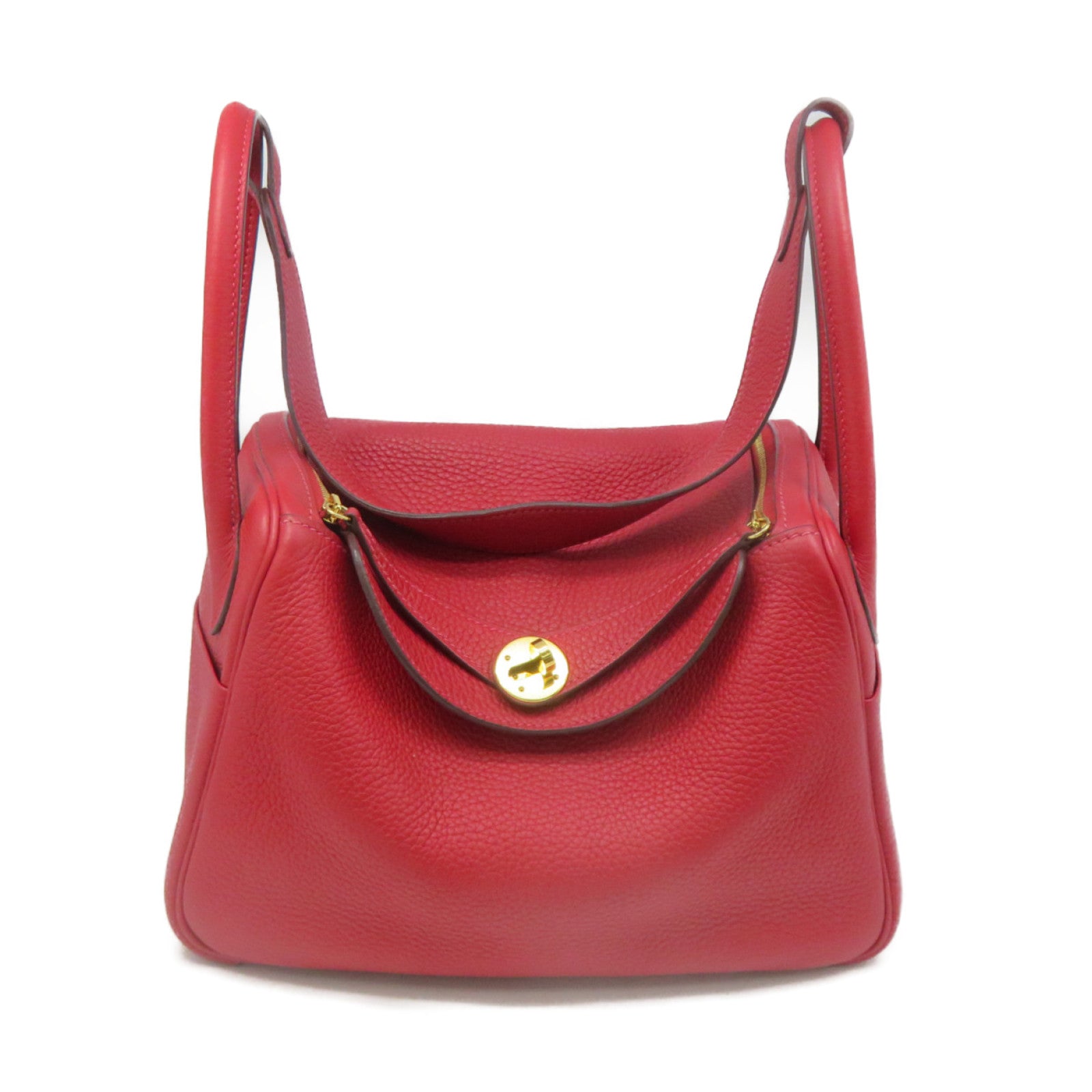 HERMES Clemence皮革 Lindy 26 Shoulder Bag金扣肩背袋Q5紅色
