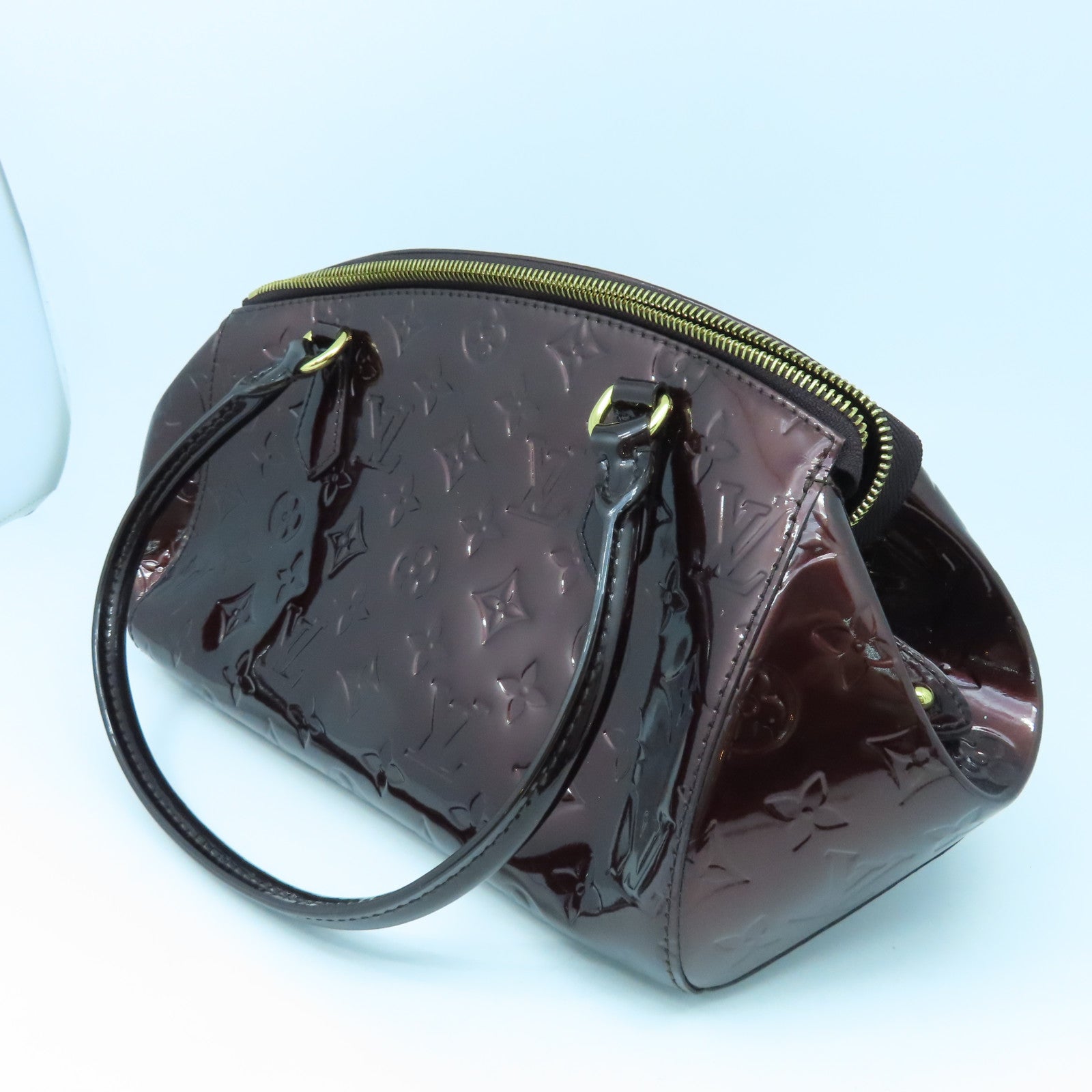 LOUIS VUITTON Vernis Sherwood PM金扣手挽袋酒紅色