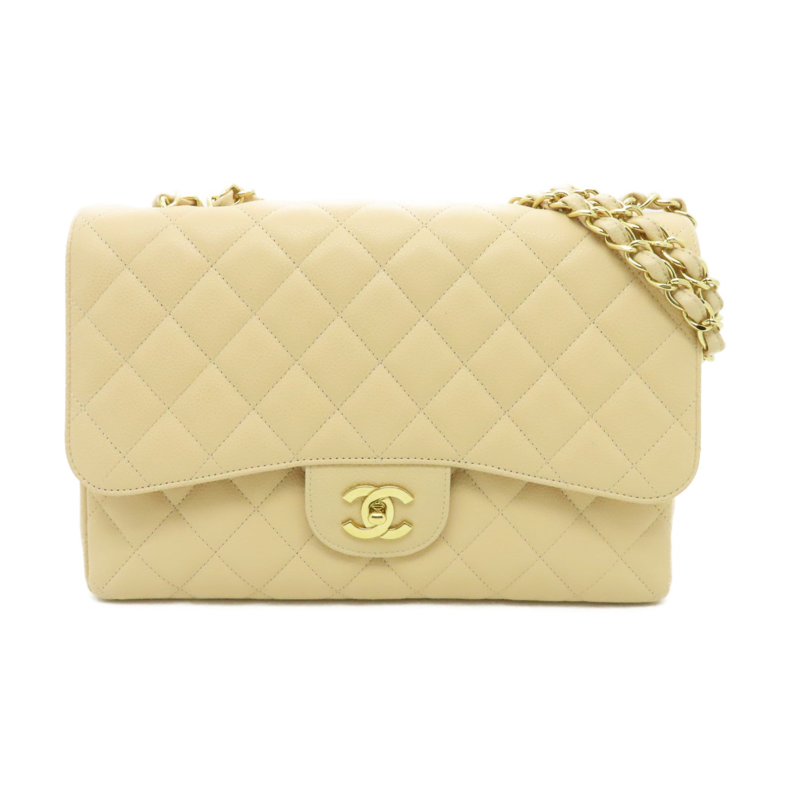 CHANEL 菱格Caviar皮革Classic 30金扣鏈帶肩背袋米色