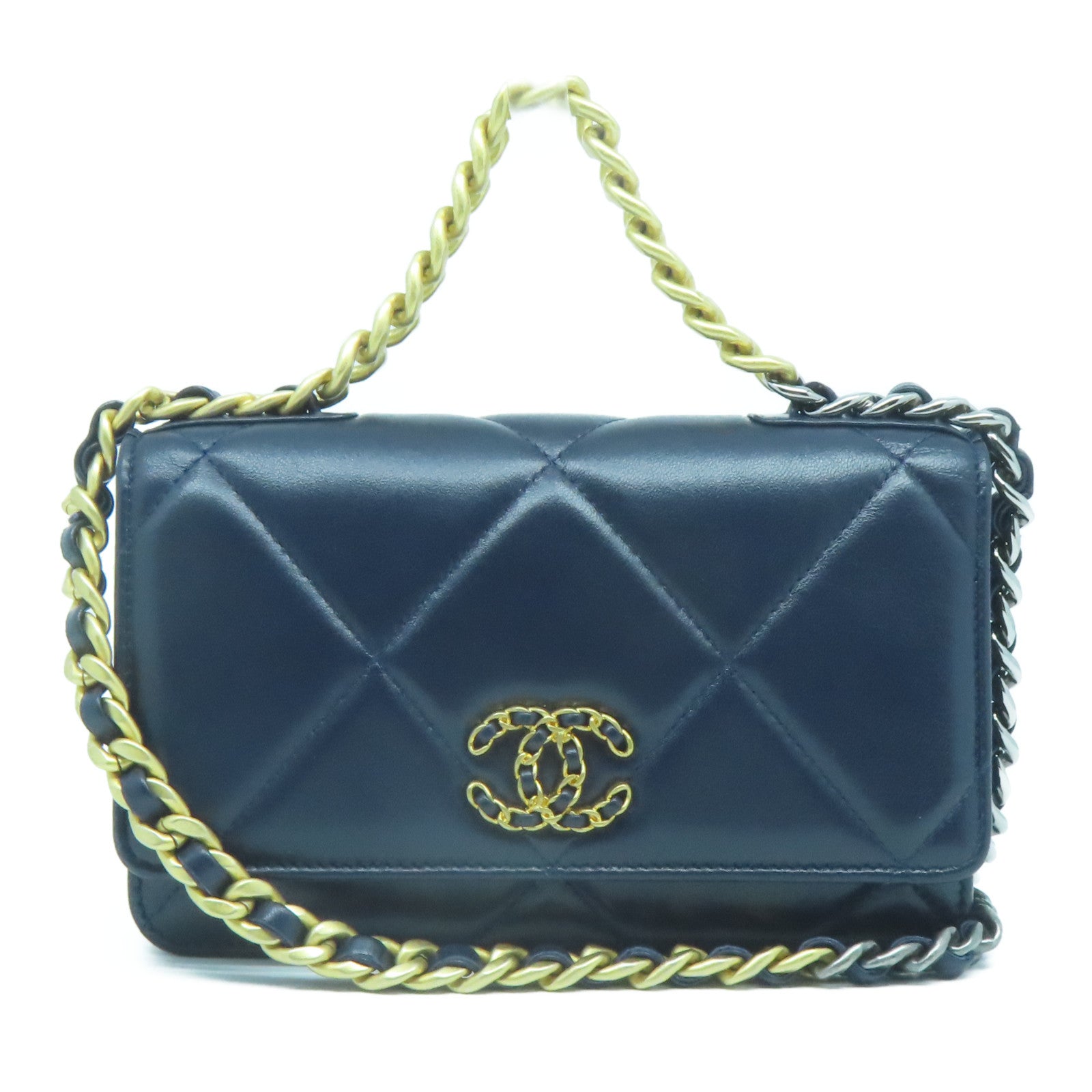 CHANEL 菱格羊皮皮革C19 WOC金扣/銀扣鏈帶肩背袋深藍色