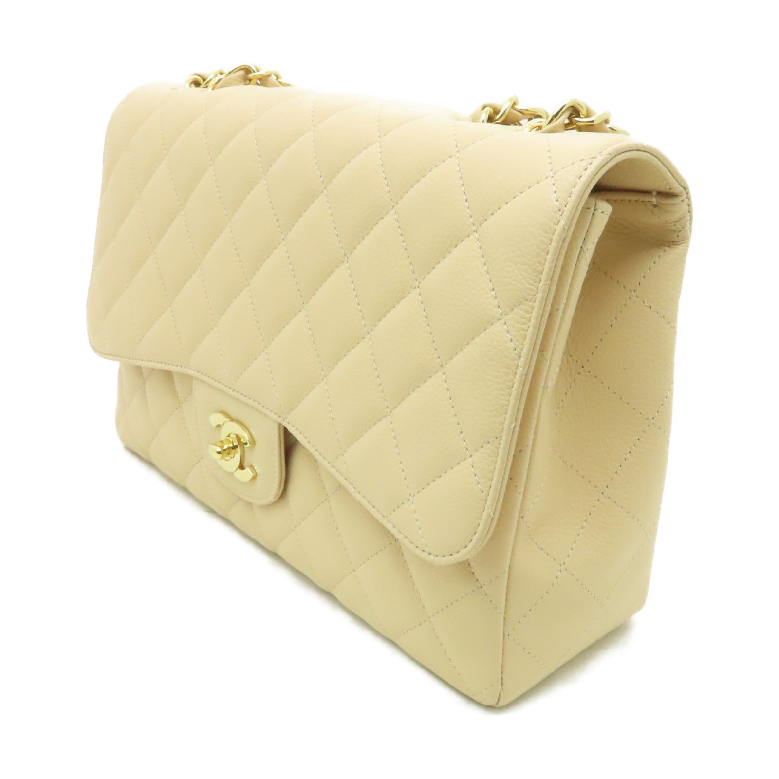 CHANEL 菱格Caviar皮革Classic 30金扣鏈帶肩背袋米色
