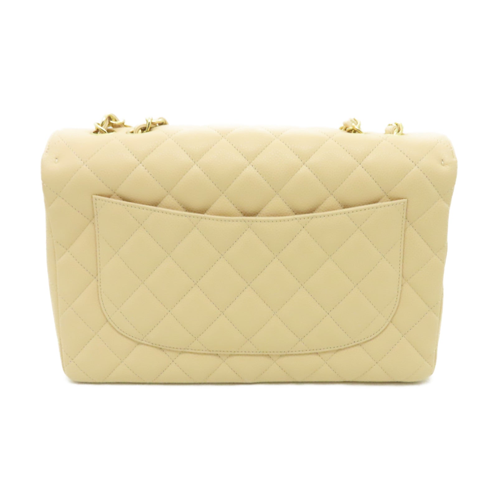 CHANEL 菱格Caviar皮革Classic 30金扣鏈帶肩背袋米色