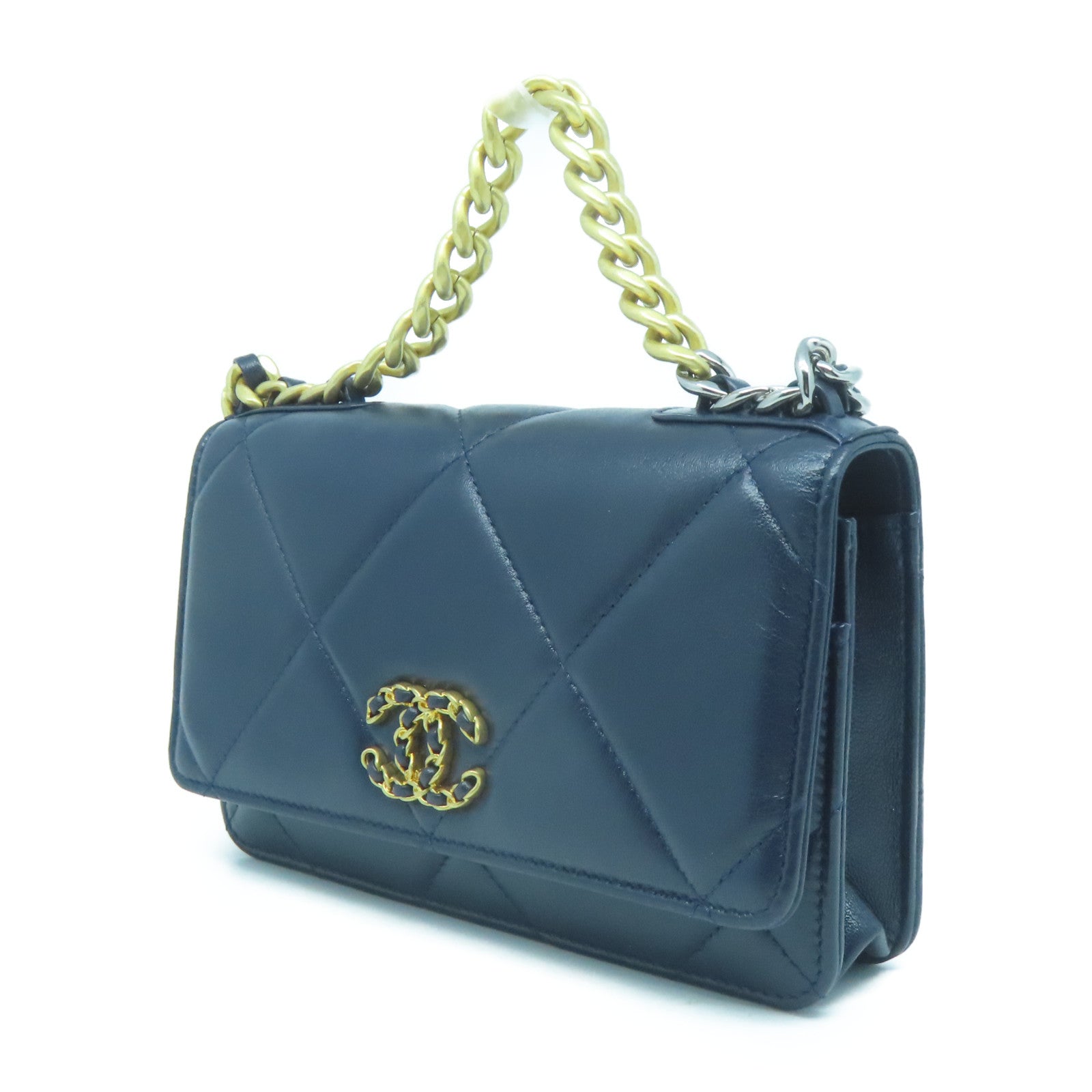 CHANEL 菱格羊皮皮革C19 WOC金扣/銀扣鏈帶肩背袋深藍色