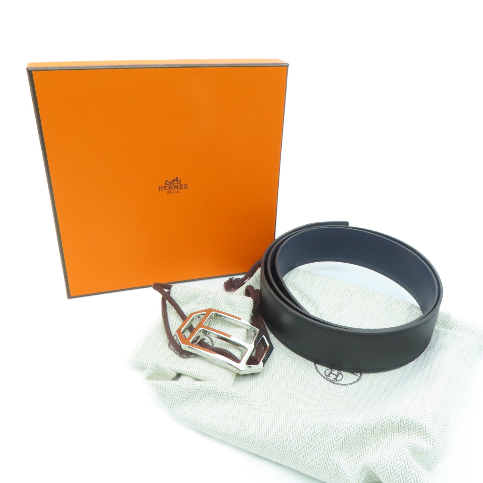 HERMES 【激減優惠】Togo皮革Belt銀扣皮革帶黑色深夜藍色