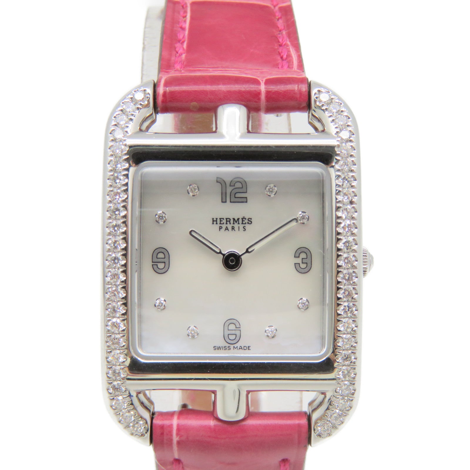 HERMES Capeco Watch鳄鱼皮革/不锈钢石英机芯手表白色/粉红色