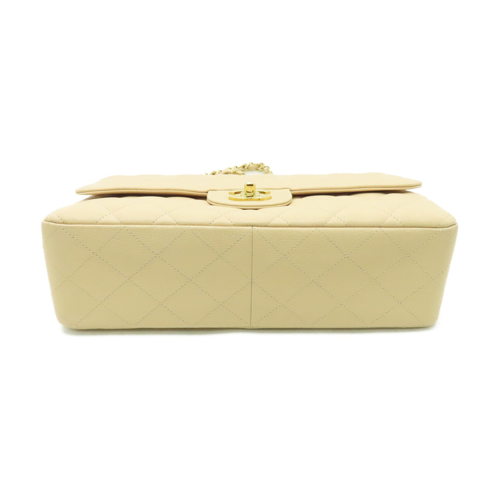 CHANEL 菱格Caviar皮革Classic 30金扣鏈帶肩背袋米色