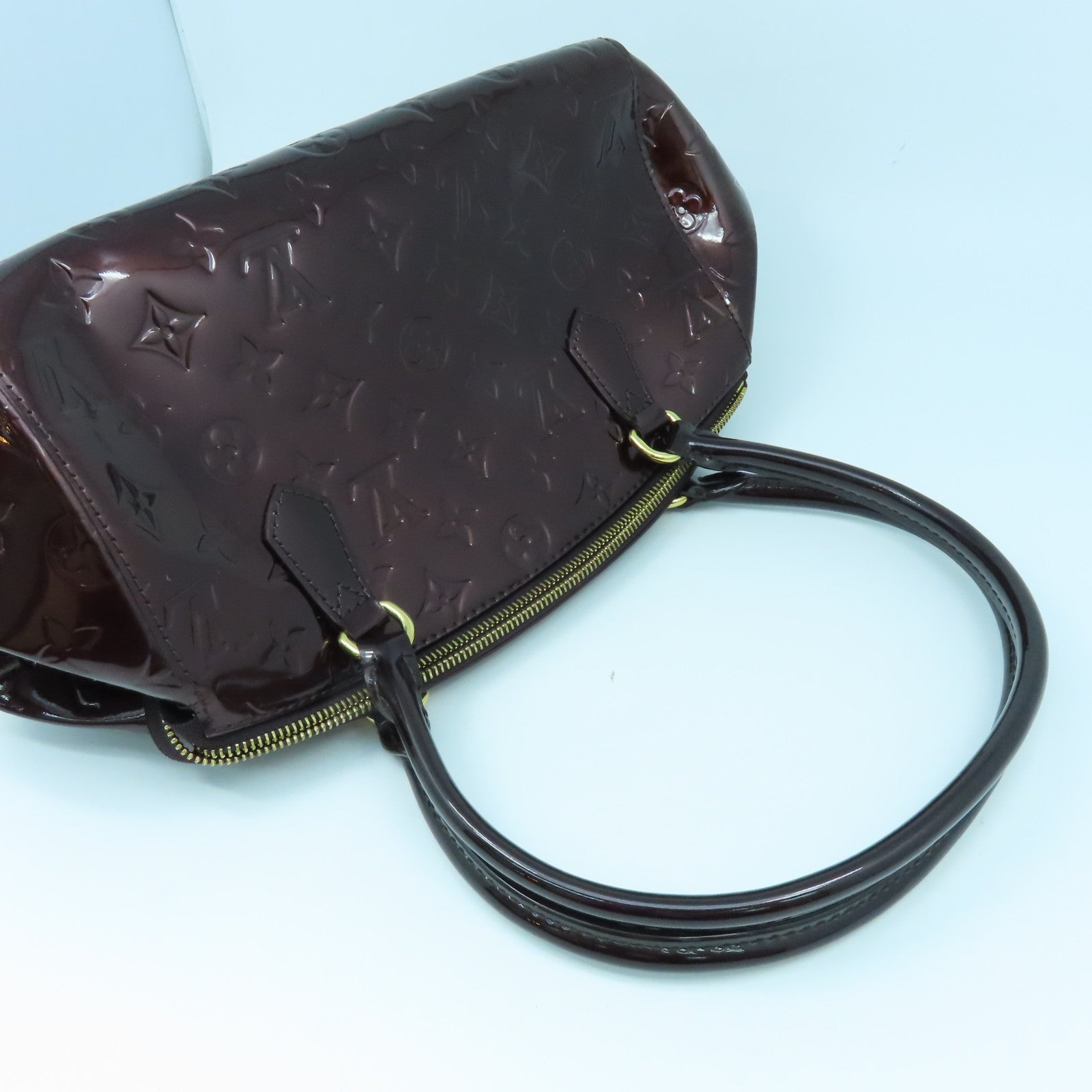 LOUIS VUITTON Vernis Sherwood PM金扣手挽袋酒紅色