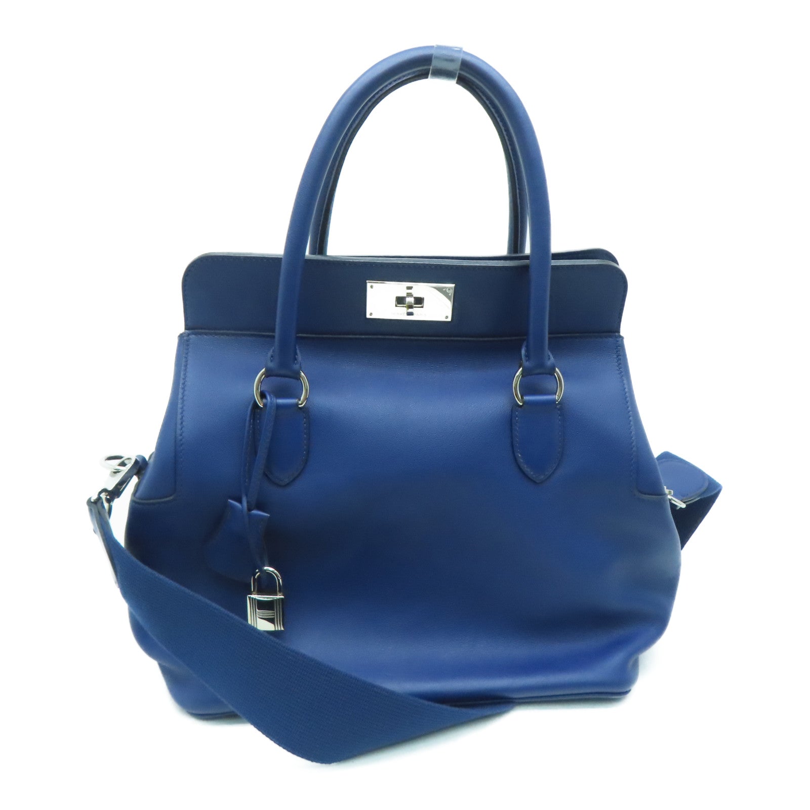 HERMES 【Sharp Discount】Evercolor Leather Toolbox 26 Silver Buckle Handle Shoulder Back Dual-purpose Bag Blue