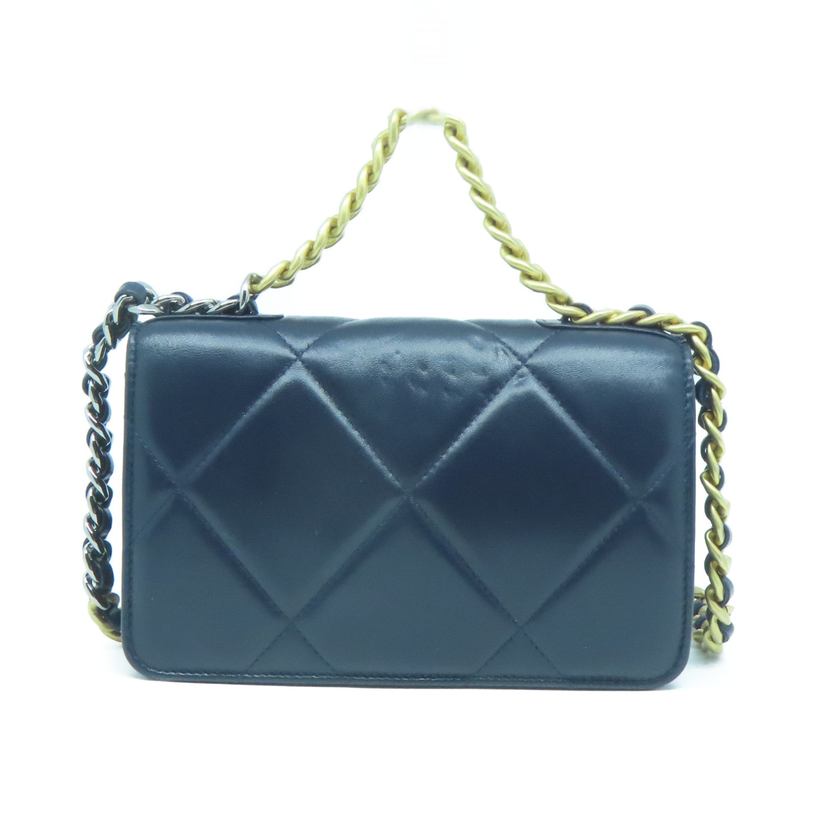 CHANEL 菱格羊皮皮革C19 WOC金扣/銀扣鏈帶肩背袋深藍色