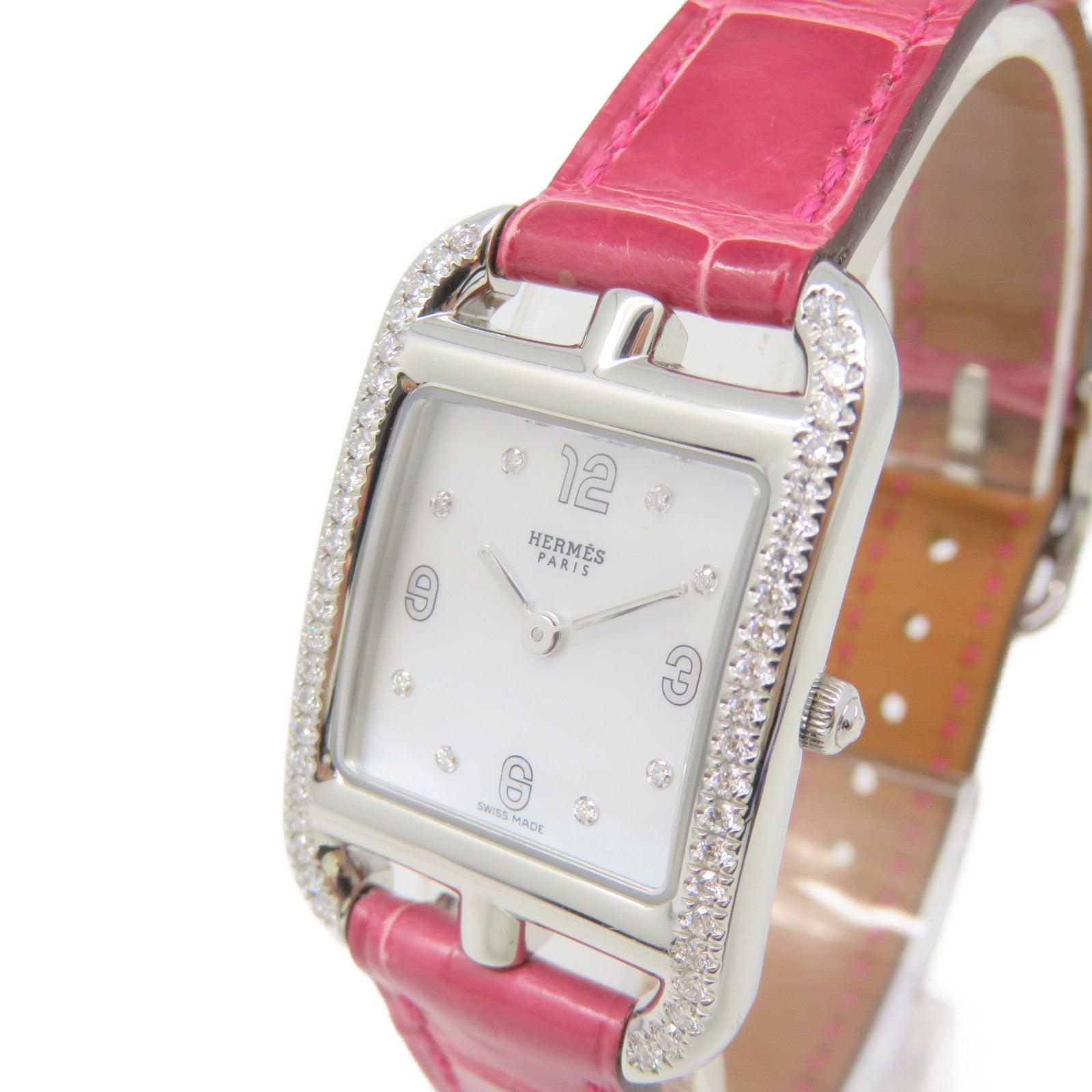 HERMES Capeco Watch鳄鱼皮革/不锈钢石英机芯手表白色/粉红色