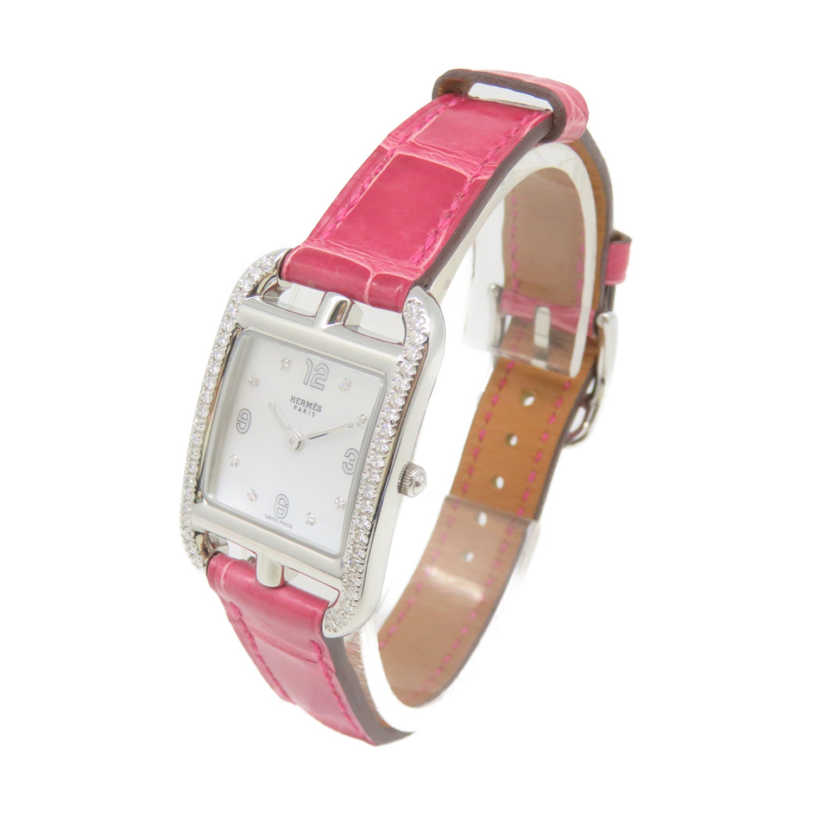 HERMES Capeco Watch鳄鱼皮革/不锈钢石英机芯手表白色/粉红色