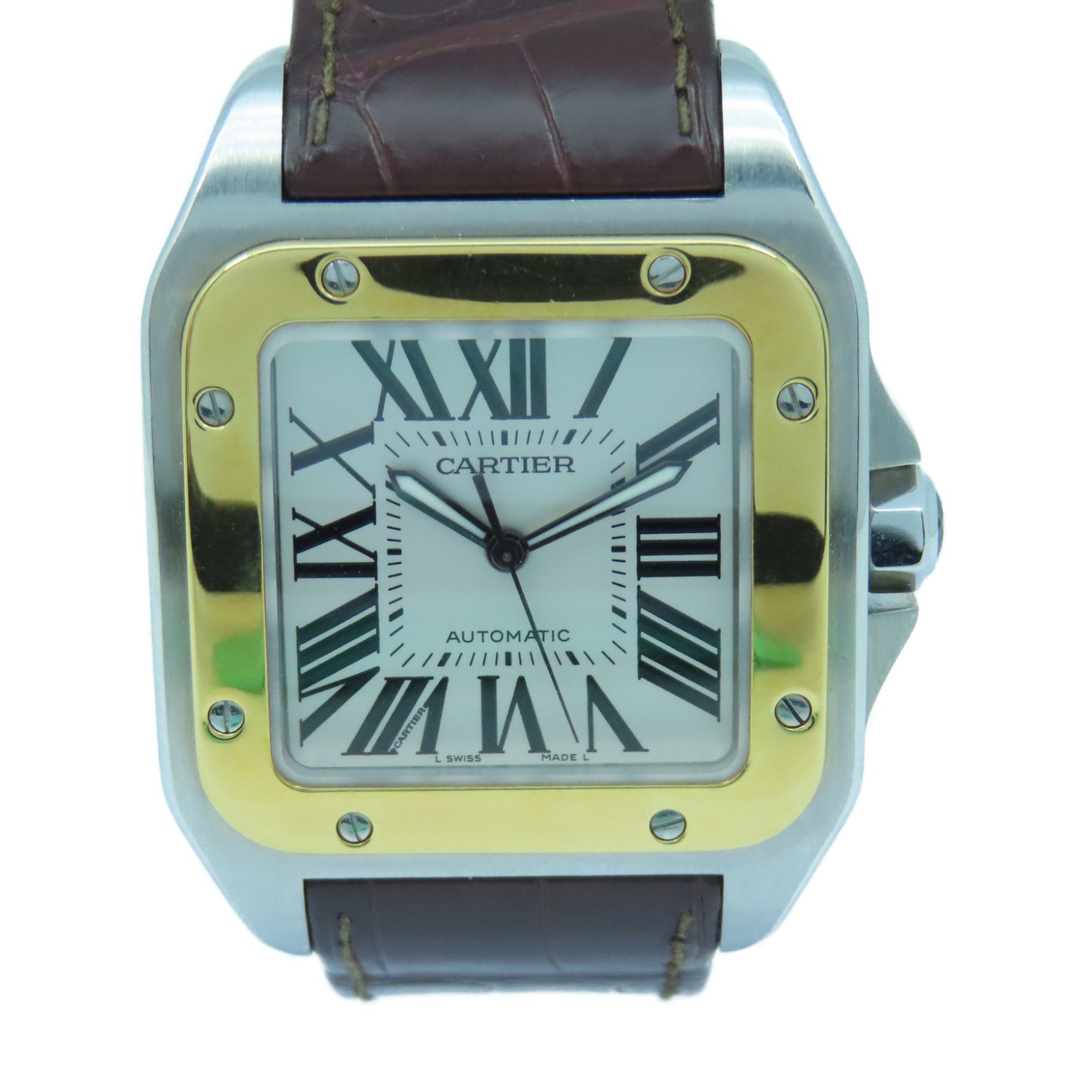 CARTIER Santos 100 18K黄金/不鏽鋼/皮革手錶自動機芯白色
