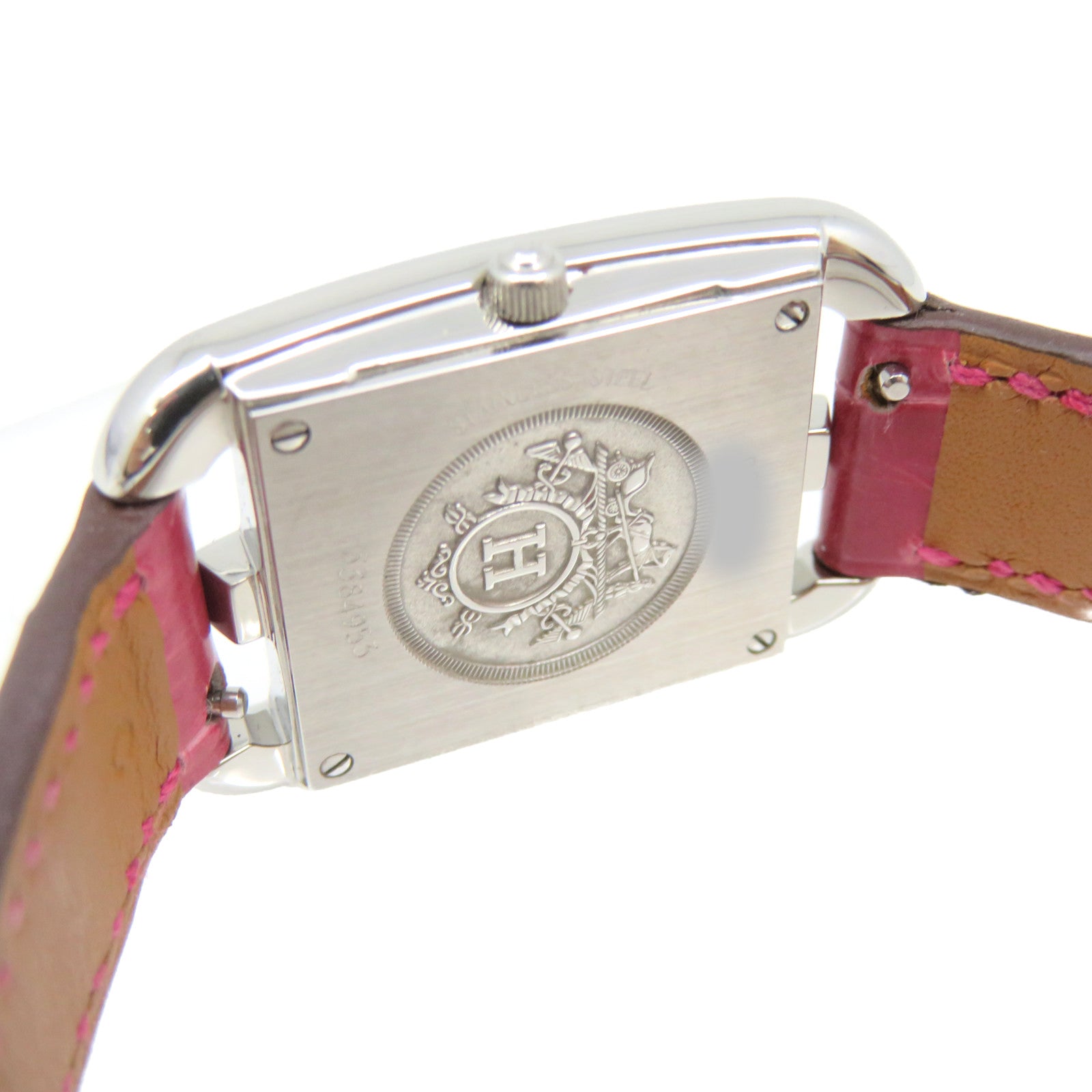 HERMES Capeco Watch鳄鱼皮革/不锈钢石英机芯手表白色/粉红色