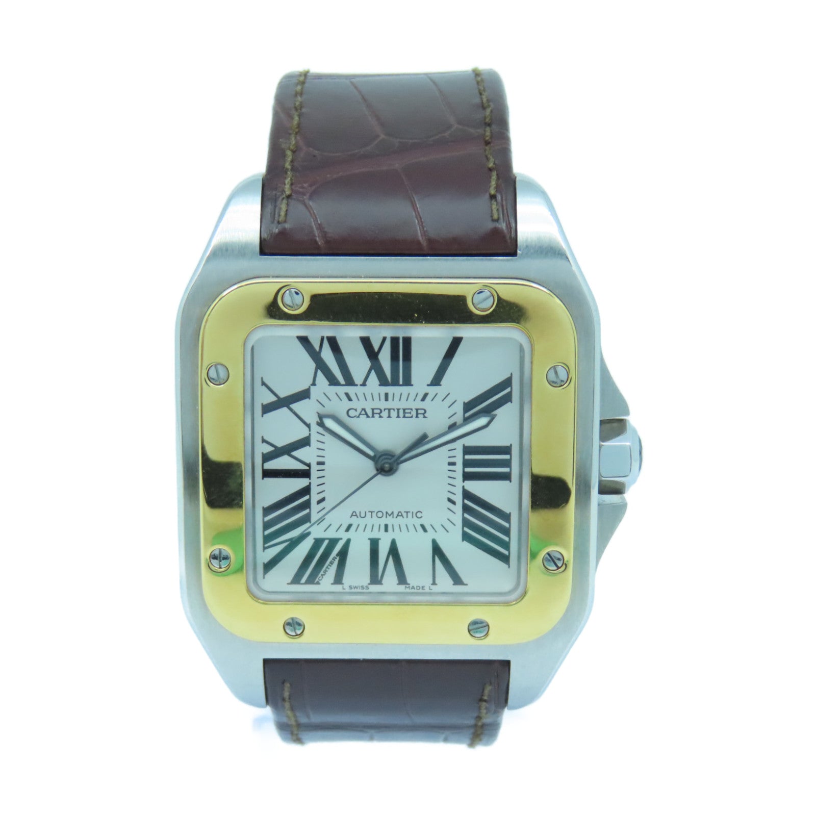 CARTIER Santos 100 18K黄金/不鏽鋼/皮革手錶自動機芯白色
