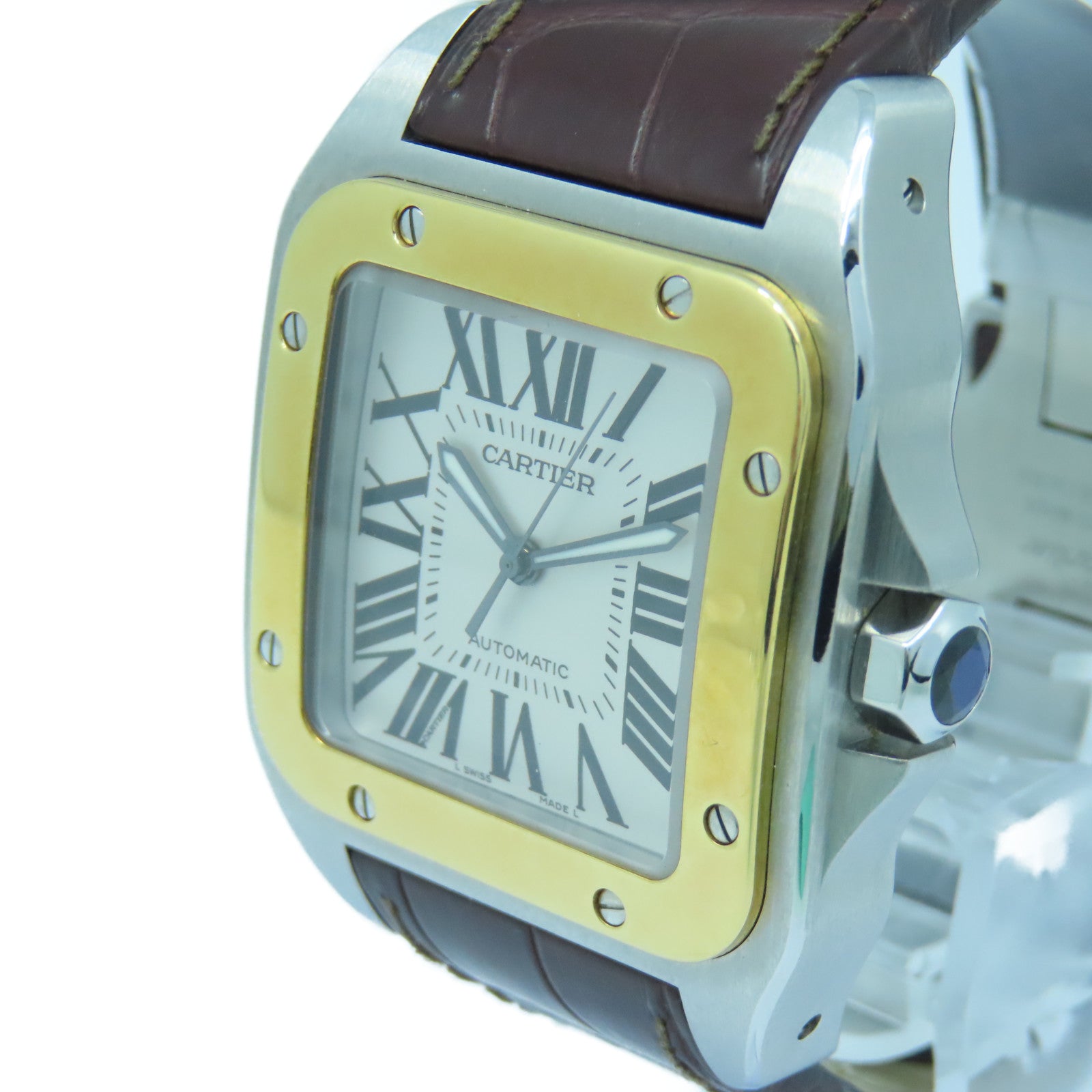 CARTIER Santos 100 18K黄金/不鏽鋼/皮革手錶自動機芯白色