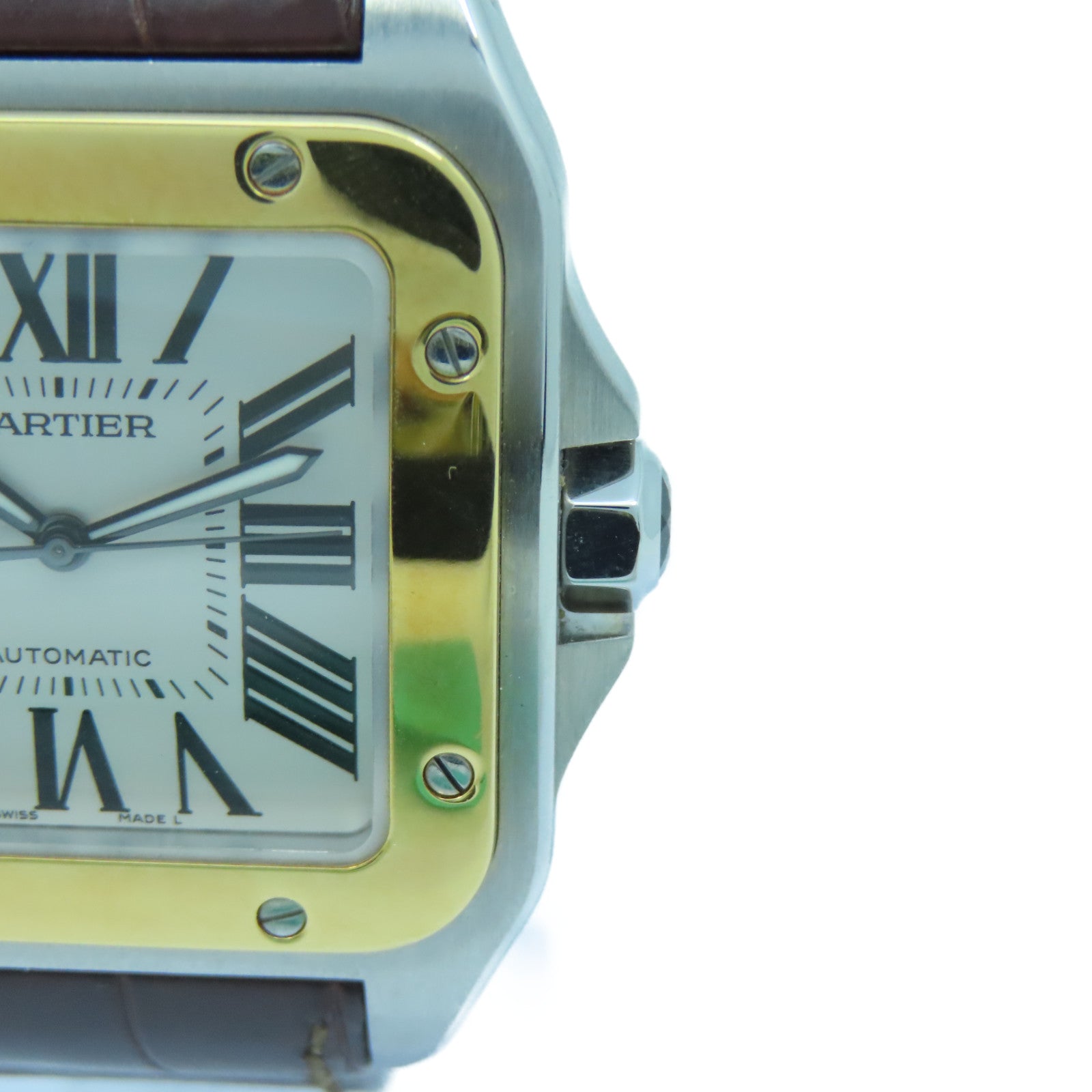 CARTIER Santos 100 18K黄金/不鏽鋼/皮革手錶自動機芯白色