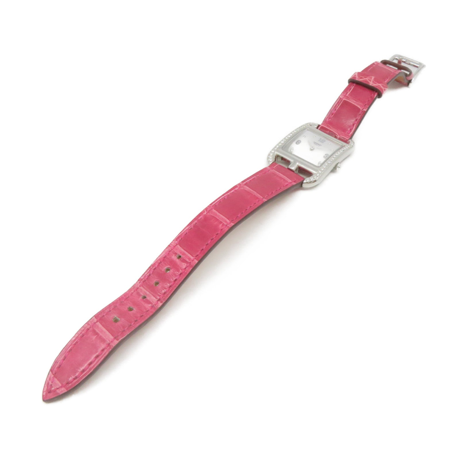 HERMES Capeco Watch鳄鱼皮革/不锈钢石英机芯手表白色/粉红色