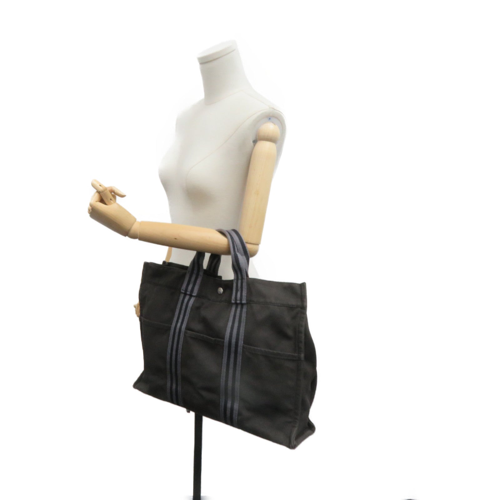 HERMES Canvas Tote Bag Silver Buckle Handle Bag Black