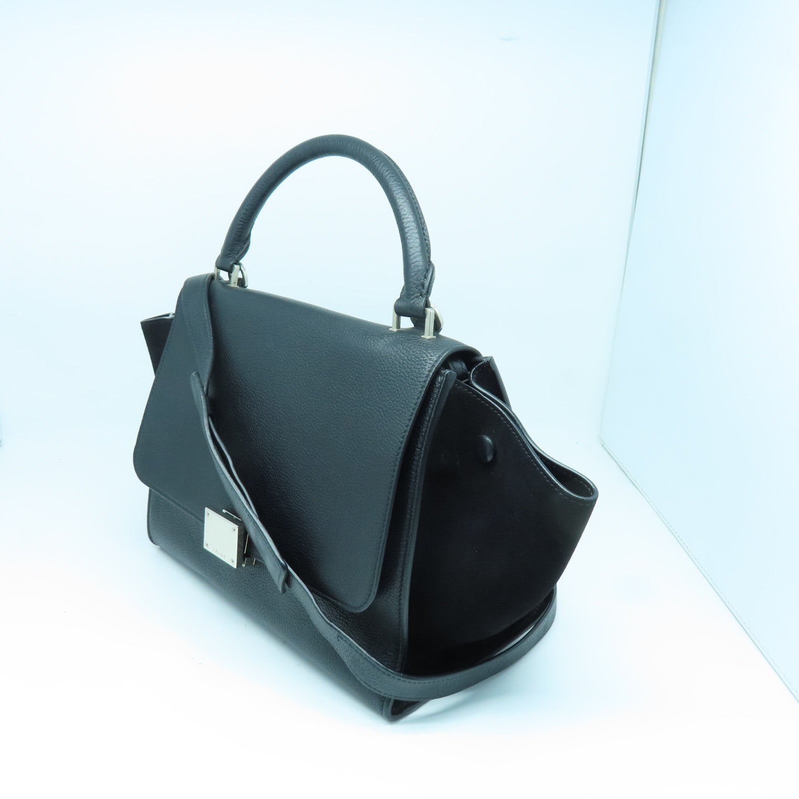 CELINE 牛皮皮革Trapeze银扣手挽肩背两用袋黑色