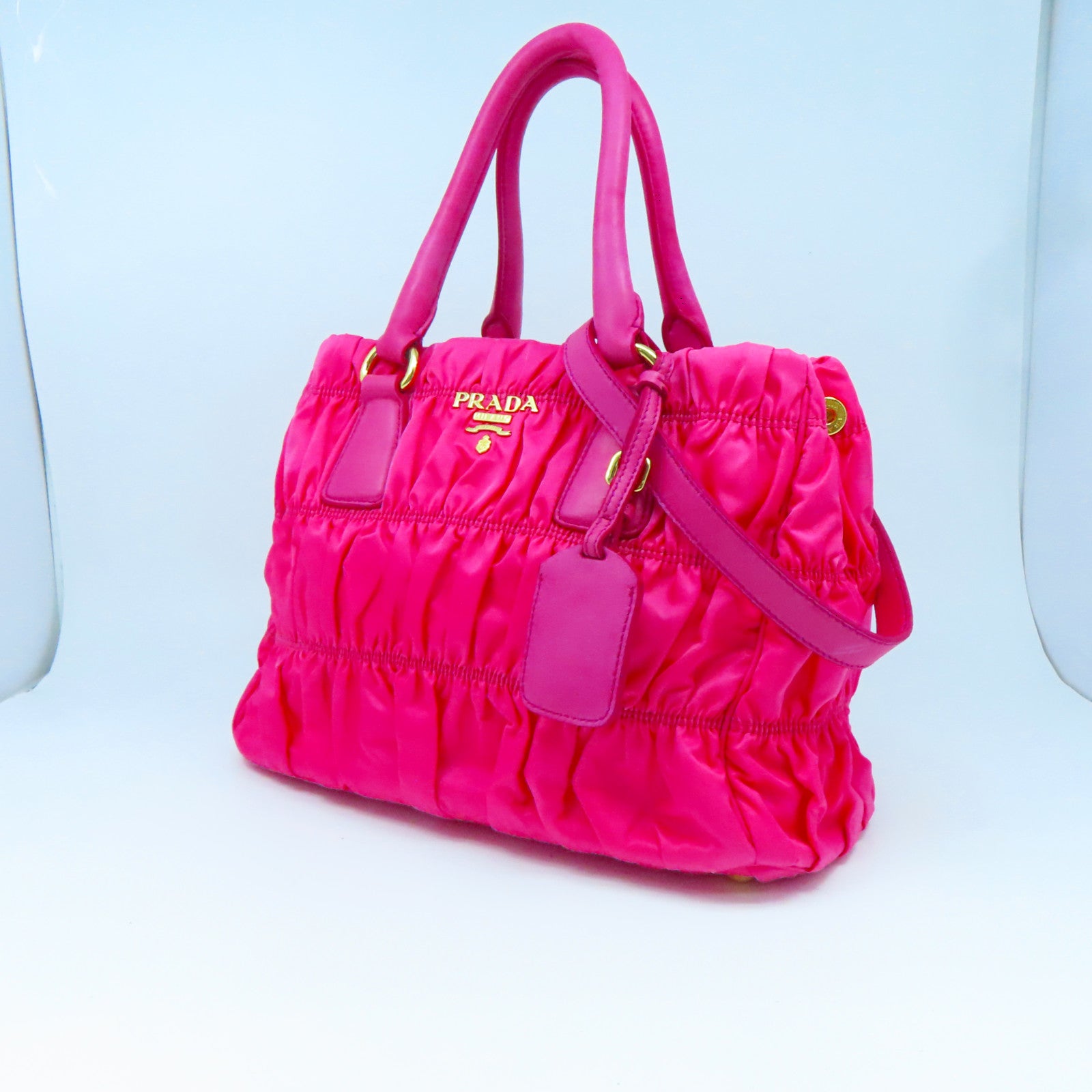 PRADA 尼龍2Way Shoulder金扣手挽肩背兩用袋粉紅色