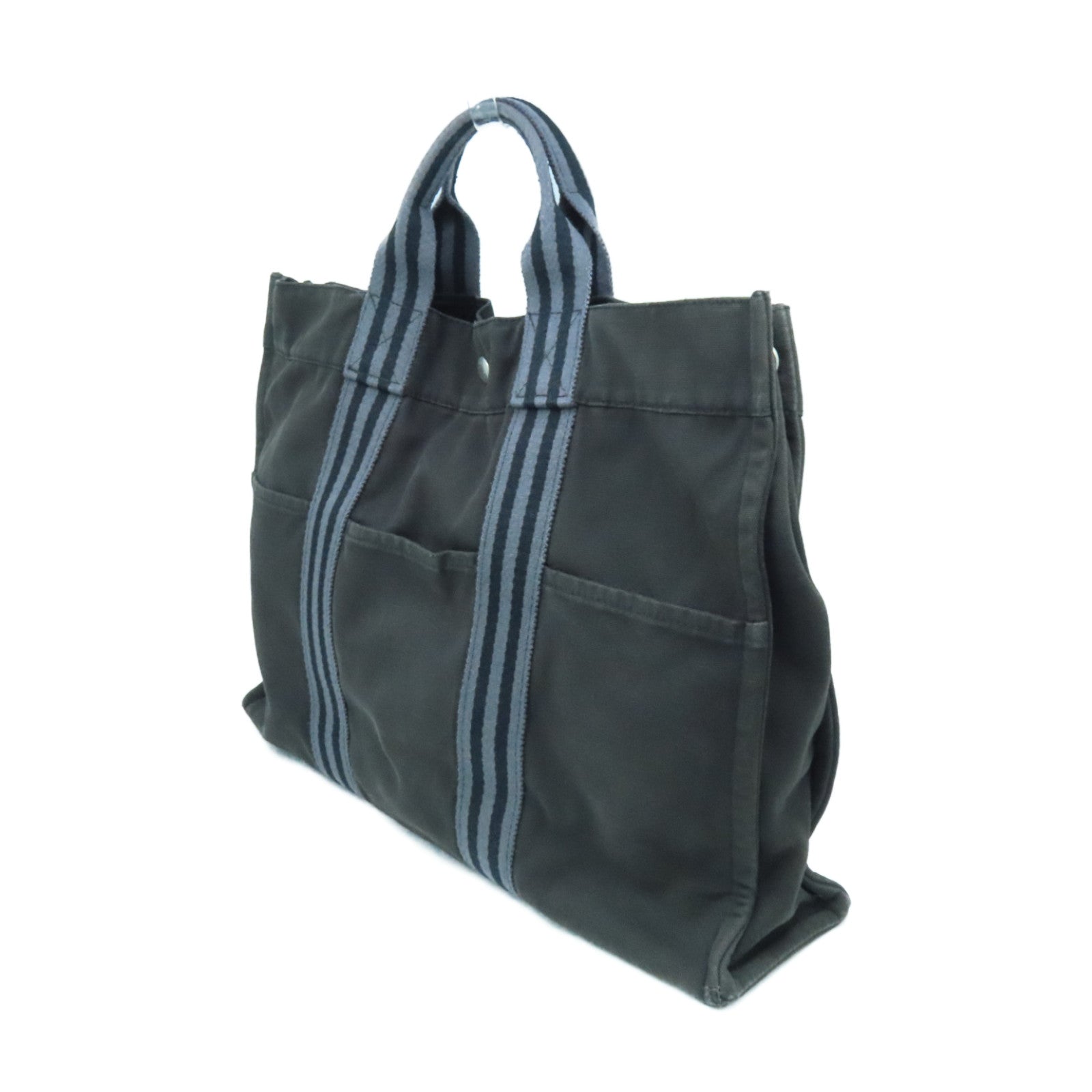 HERMES Canvas Tote Bag Silver Buckle Handle Bag Black