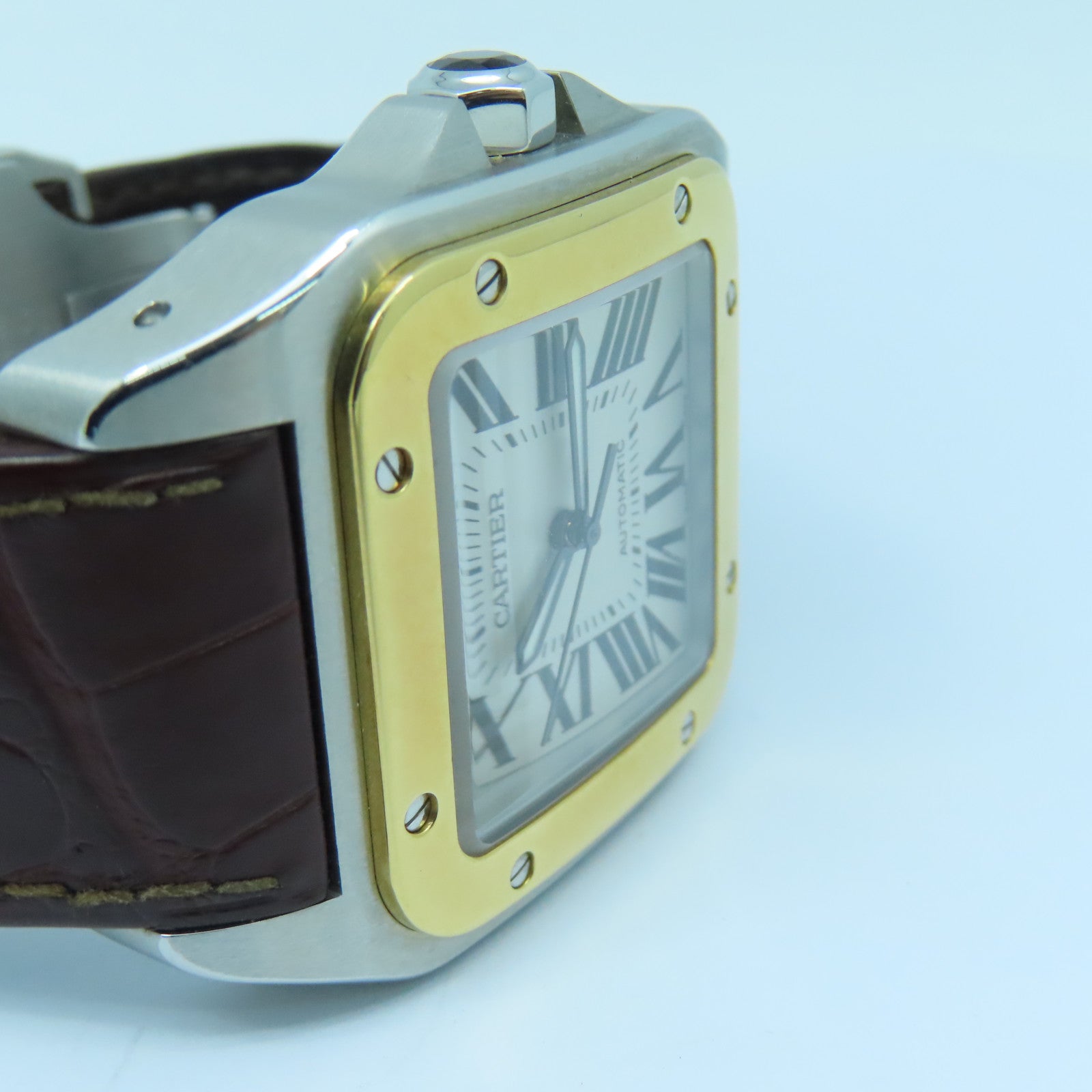 CARTIER Santos 100 18K黄金/不鏽鋼/皮革手錶自動機芯白色