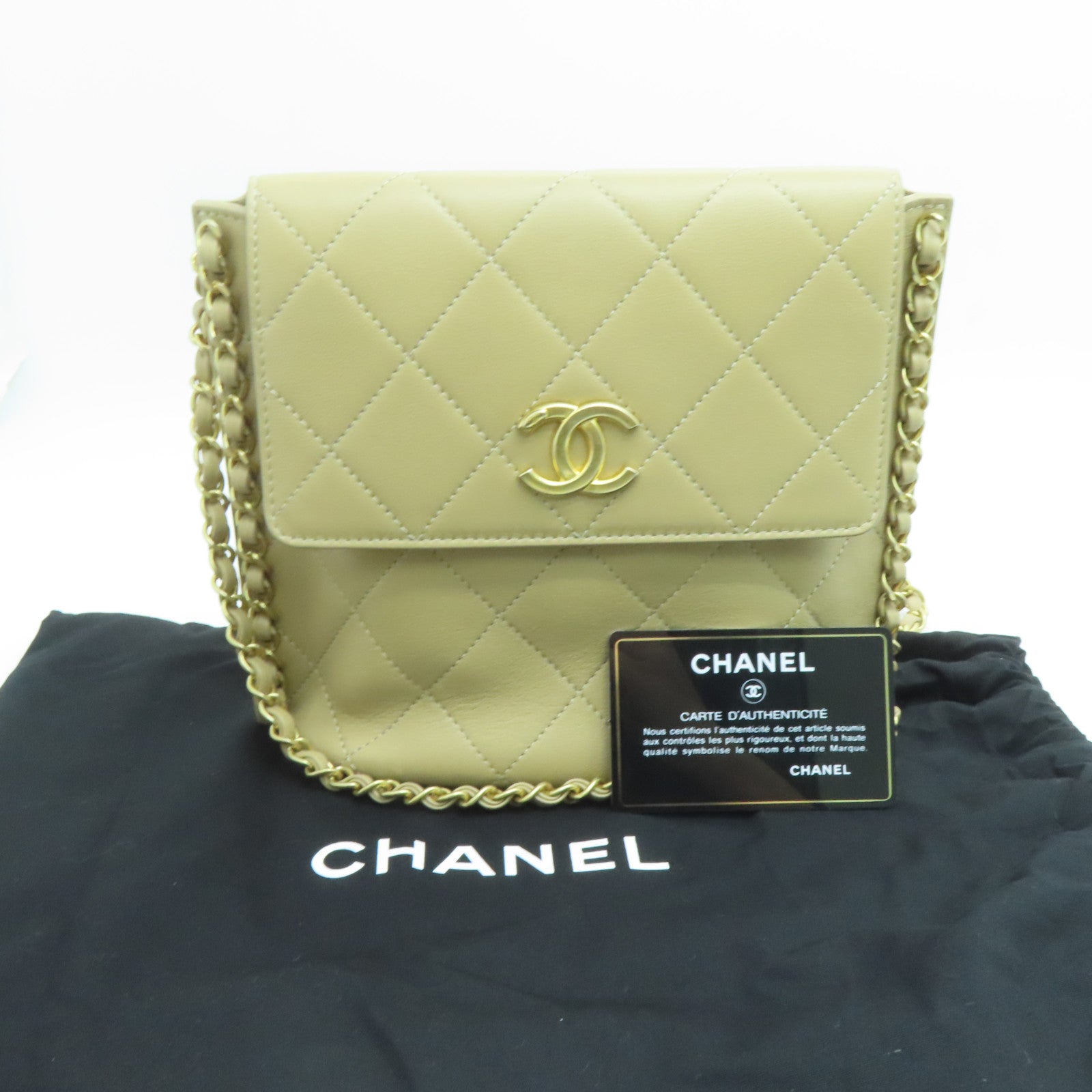 CHANEL 菱格牛皮皮革Chain Shoulder Bag金扣鏈帶肩背袋米色