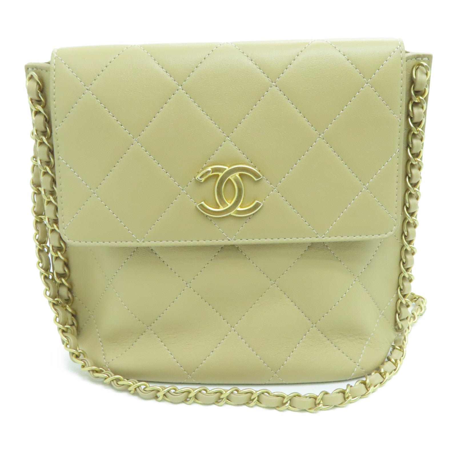 CHANEL 菱格牛皮皮革Chain Shoulder Bag金扣鏈帶肩背袋米色