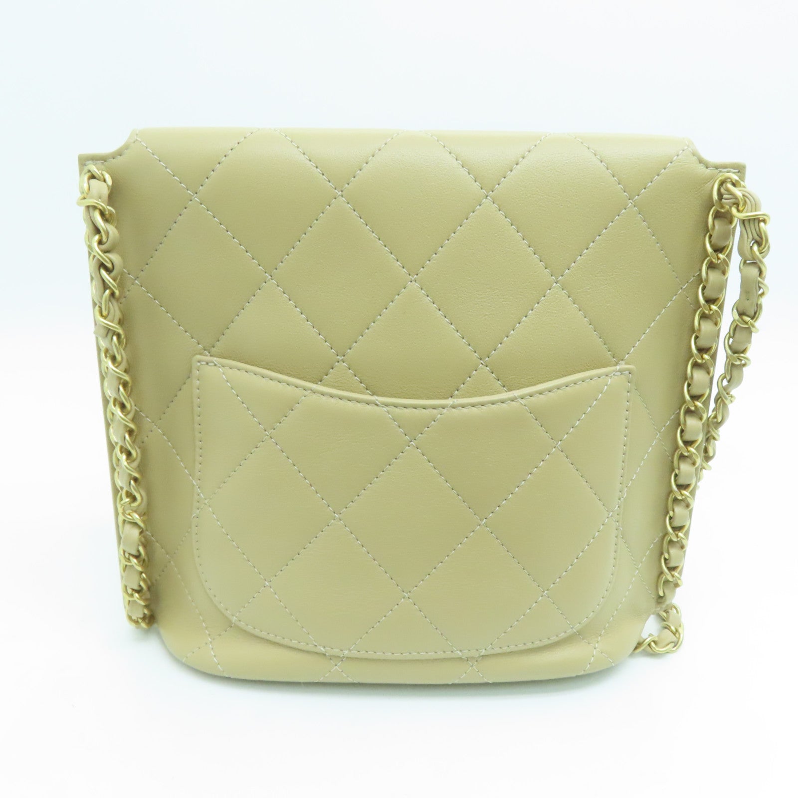 CHANEL 菱格牛皮皮革Chain Shoulder Bag金扣鏈帶肩背袋米色