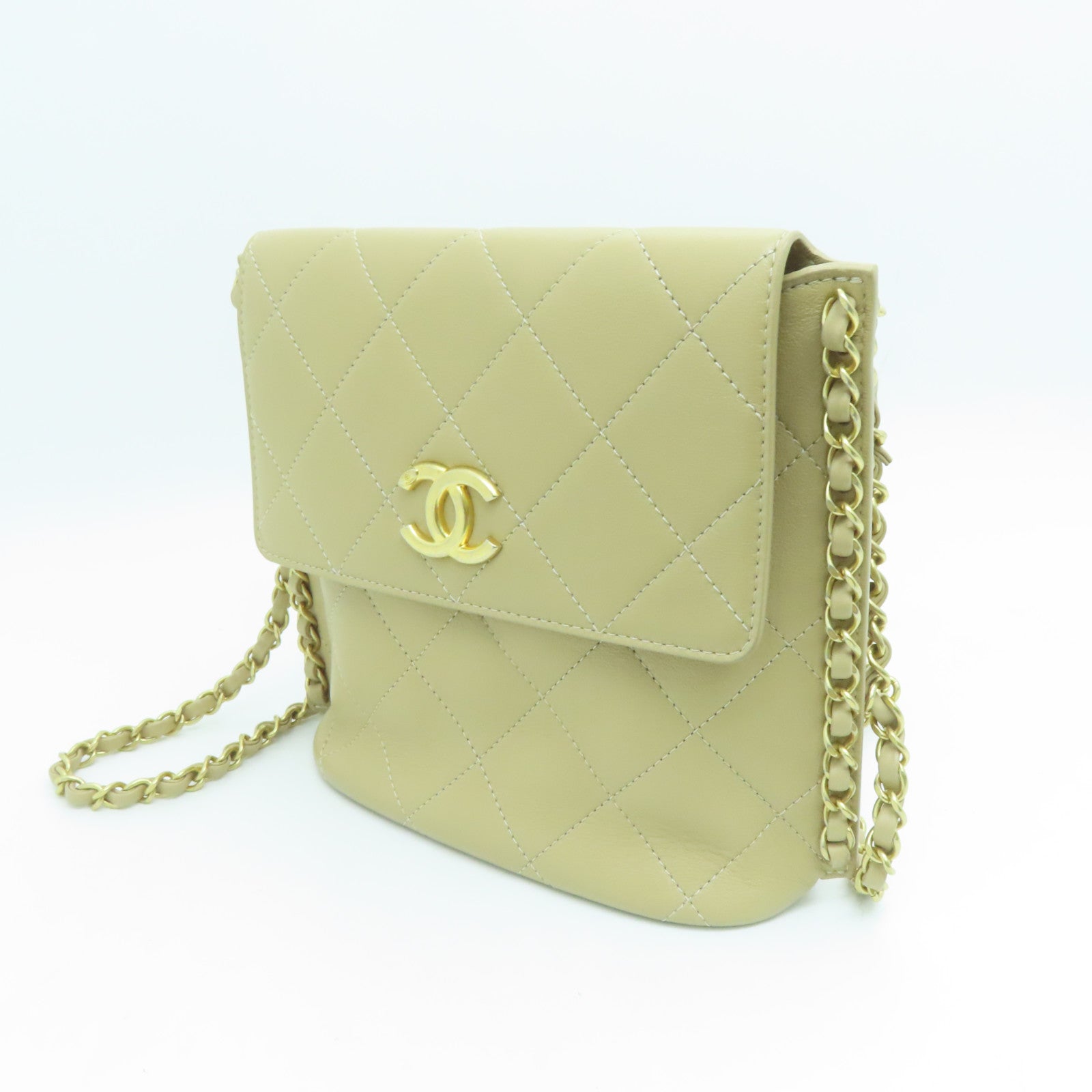 CHANEL 菱格牛皮皮革Chain Shoulder Bag金扣鏈帶肩背袋米色