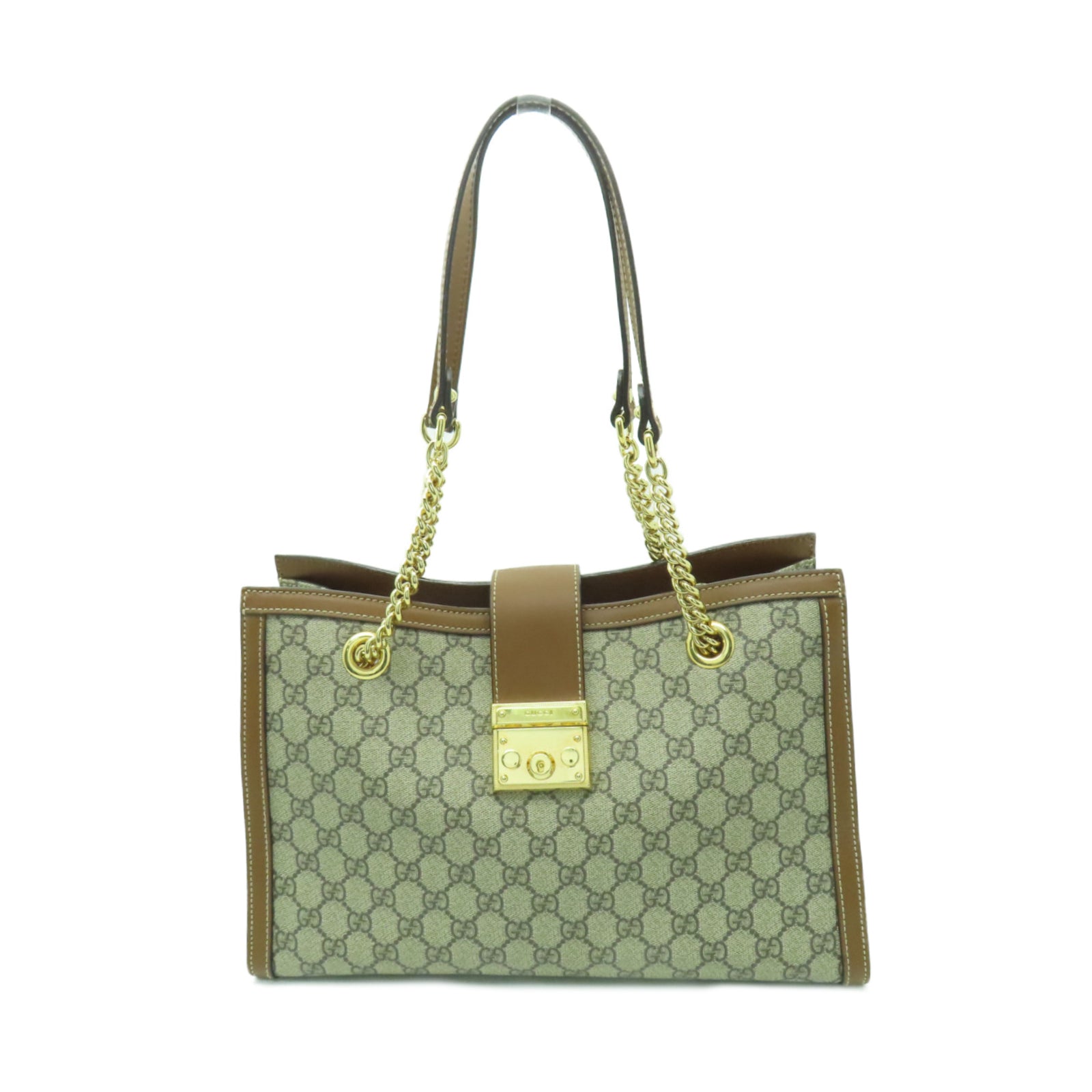 GUCCI 塗層帆布Chain Shoulder Bag金扣鏈帶肩背袋棕色