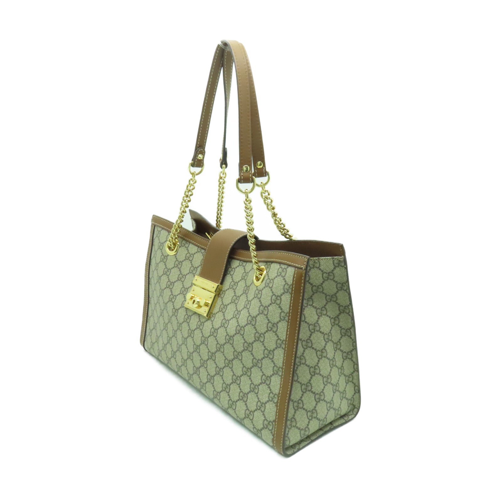 GUCCI 塗層帆布Chain Shoulder Bag金扣鏈帶肩背袋棕色