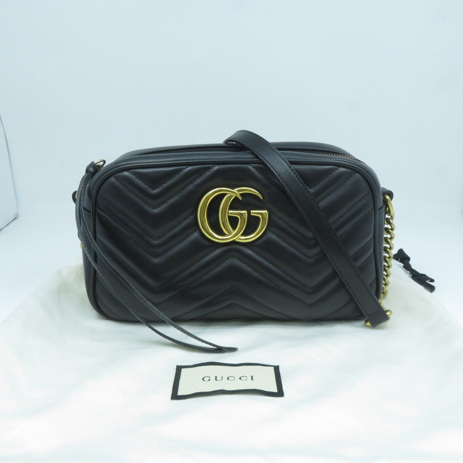 GUCCI 牛皮皮革GG Marmont金扣鏈帶肩背袋黑色