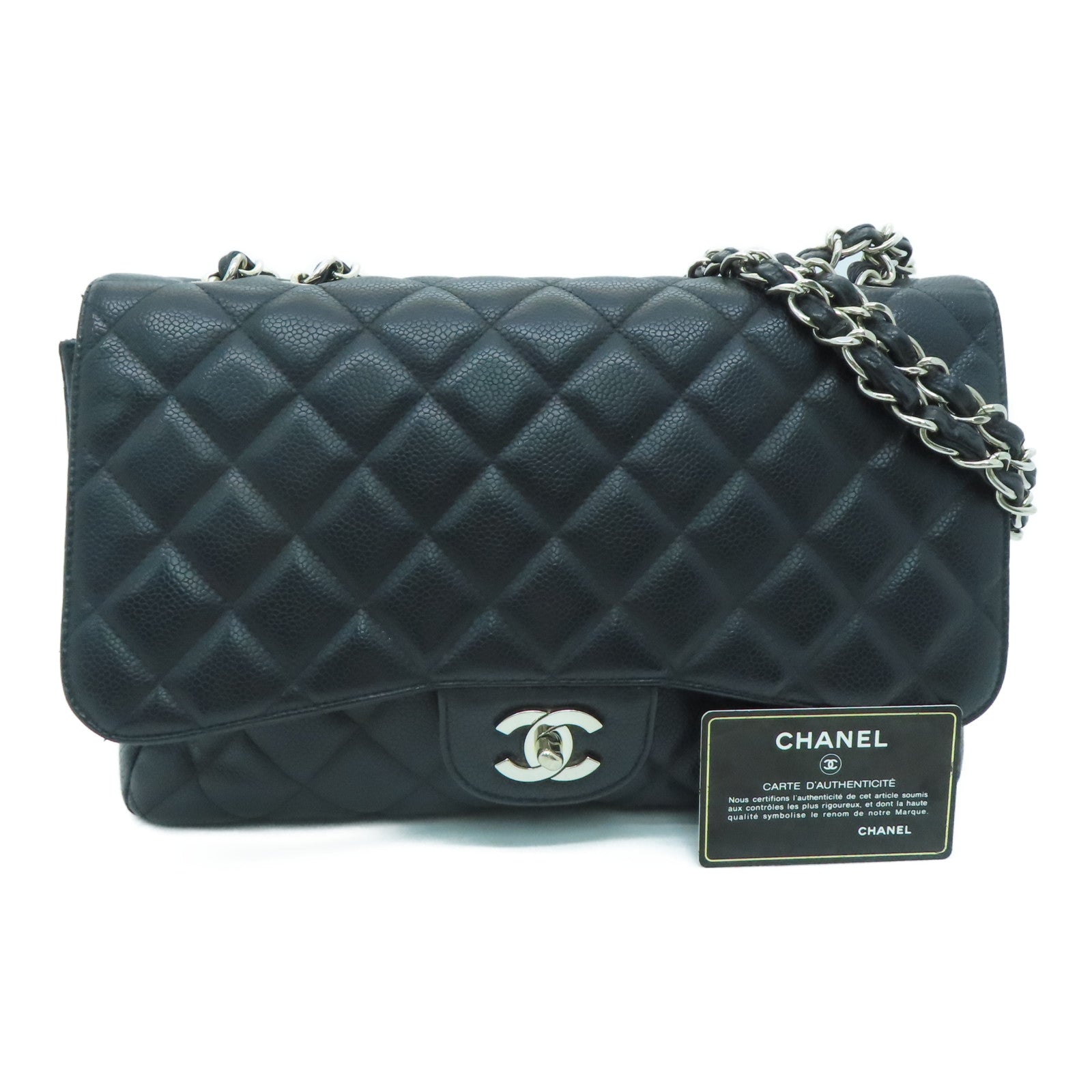 CHANEL [Sharp Reduction Offer] Rhombus Caviar Leather Classic Jumbo Silver Buckle Shoulder Bag Black