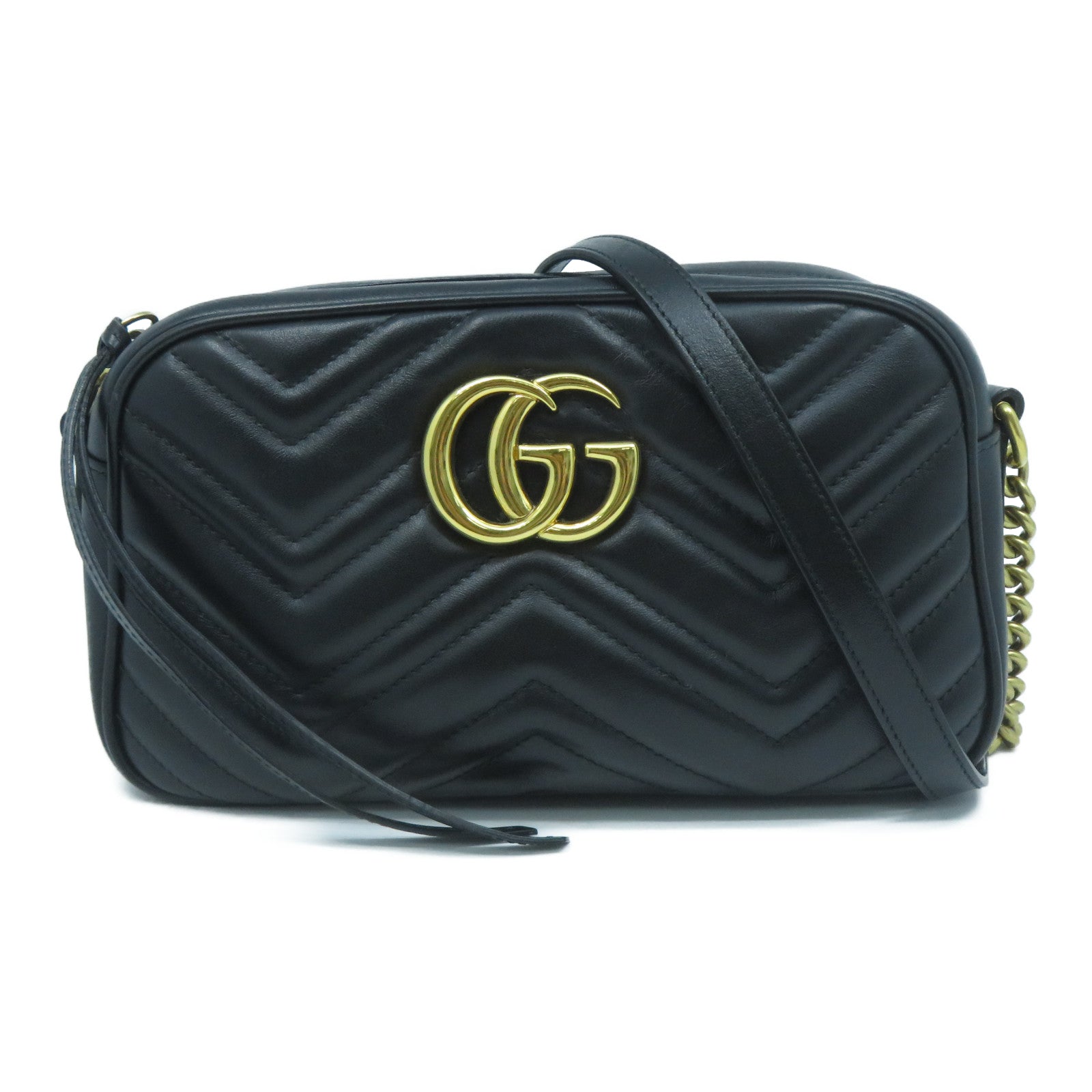 GUCCI 牛皮皮革GG Marmont金扣鏈帶肩背袋黑色