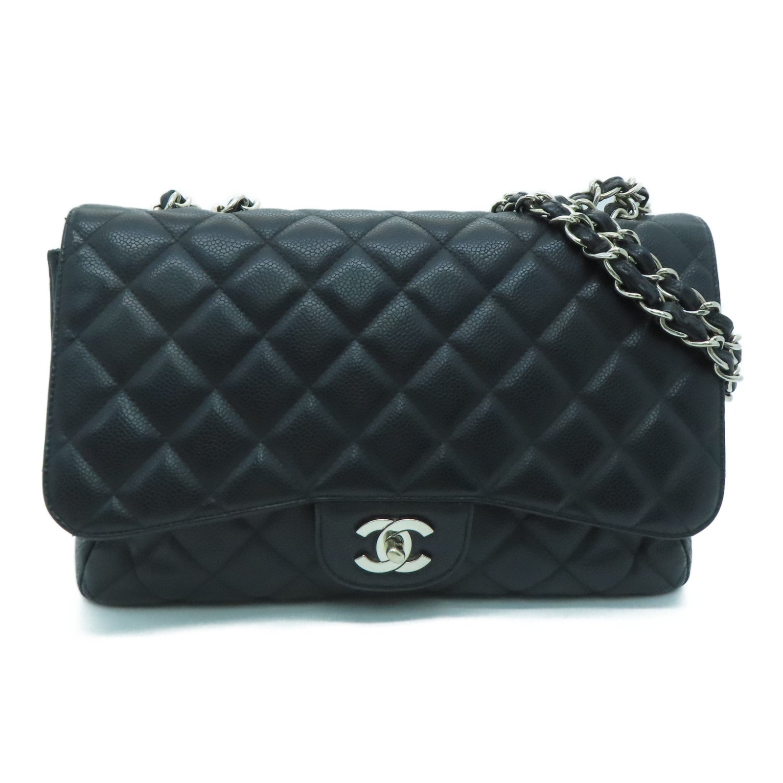 CHANEL [Sharp Reduction Offer] Rhombus Caviar Leather Classic Jumbo Silver Buckle Shoulder Bag Black