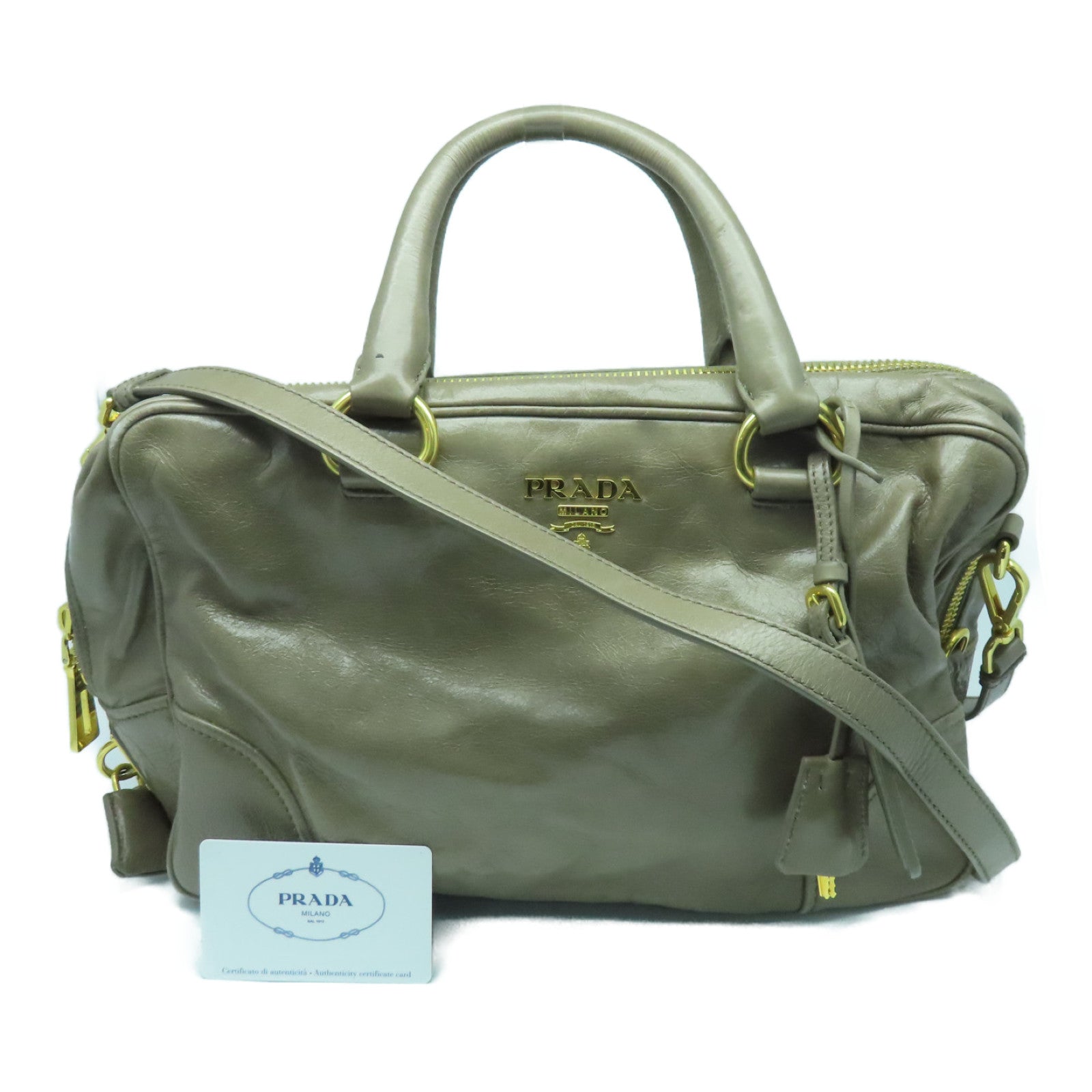 PRADA 牛皮皮革2way Shoulder Bag金扣手挽肩背兩用袋米色
