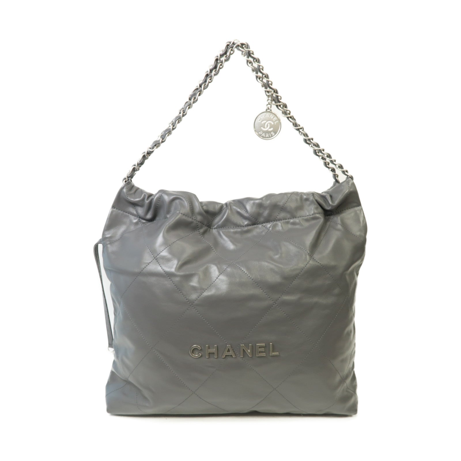 CHANEL 菱格牛皮皮革Chand 22銀扣鏈帶肩背袋灰色