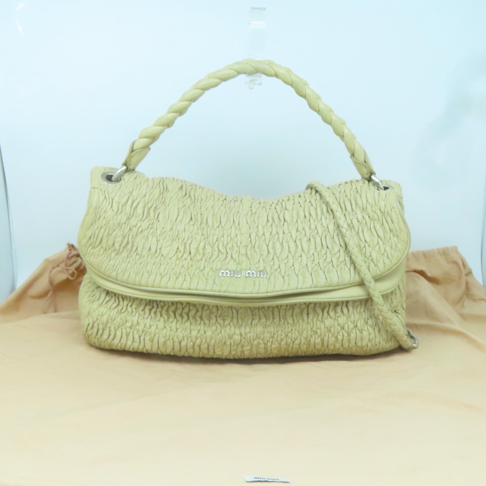 Miu Miu 【激減優惠】牛皮皮革2 Way Bag銀扣手挽肩背兩用袋淺褐色