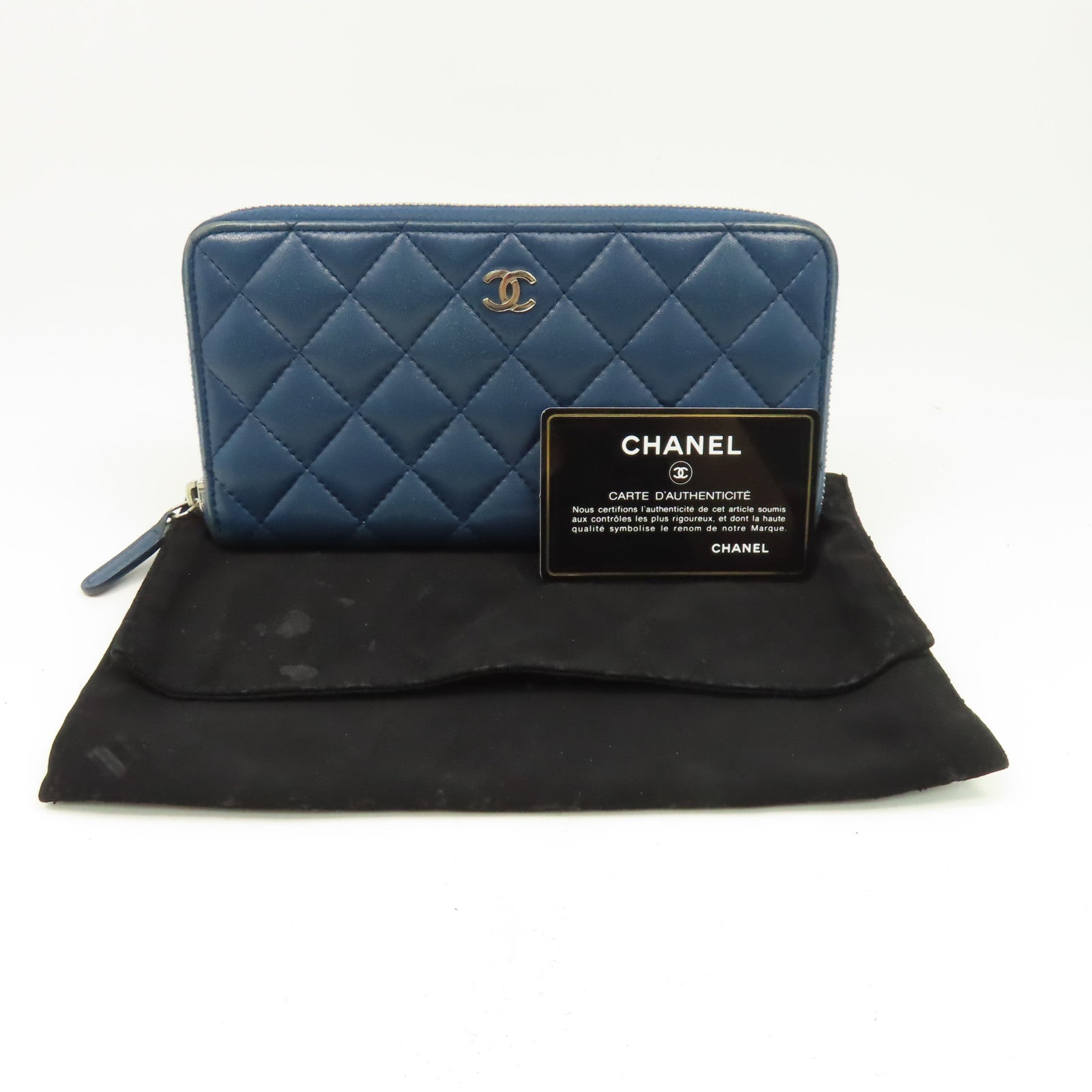 CHANEL 菱格羊皮皮革Round Long Wallet銀扣拉鏈長錢包藍色