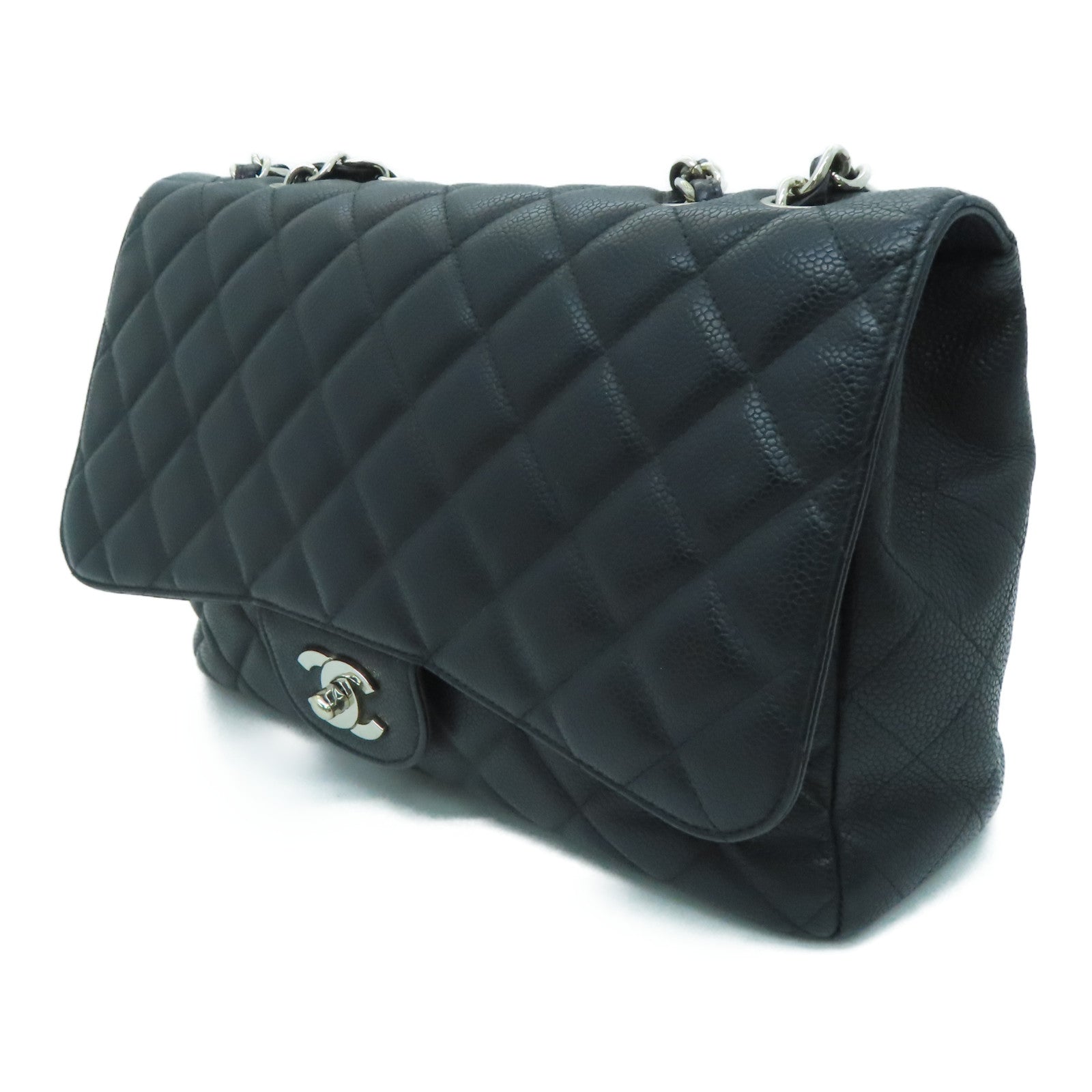 CHANEL [Sharp Reduction Offer] Rhombus Caviar Leather Classic Jumbo Silver Buckle Shoulder Bag Black